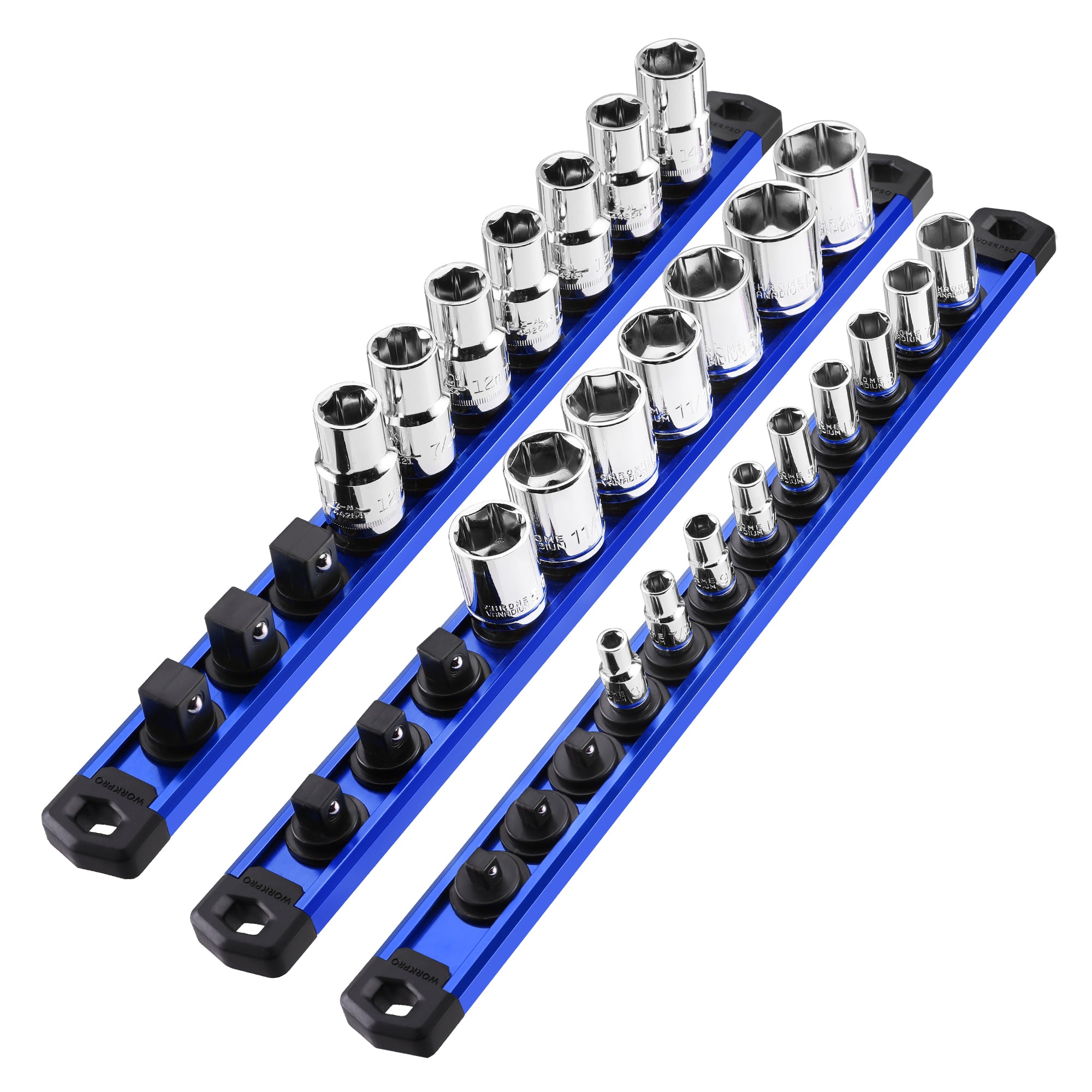 WORKPRO 3 Pcs Aluminum Alloy Magnetic Socket Organizer Set, Heavy Duty Socket Holder 1/4-Inch x 12 Clips, 3/8-Inch x 10 Clips, 1/2-Inch x 10 Clips (Socket not Included), Blue