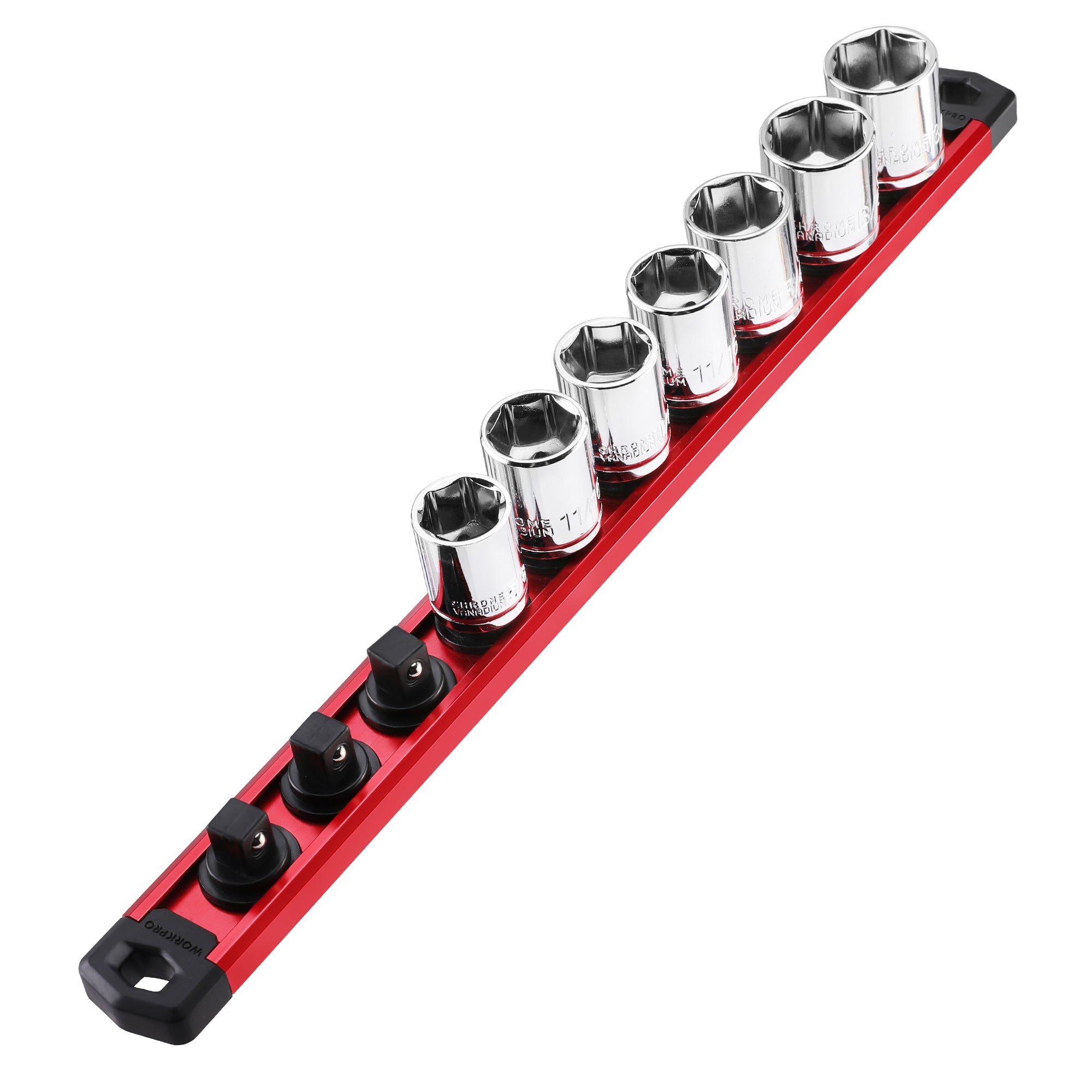 WORKPRO Magnetic Socket Organizer, 1/2-Inch Drive Aluminum Alloy Sockets Rail, Heavy Duty Sockets Holder, Socket Rack Kit 1/2-Inch x 10 Clips (Red)