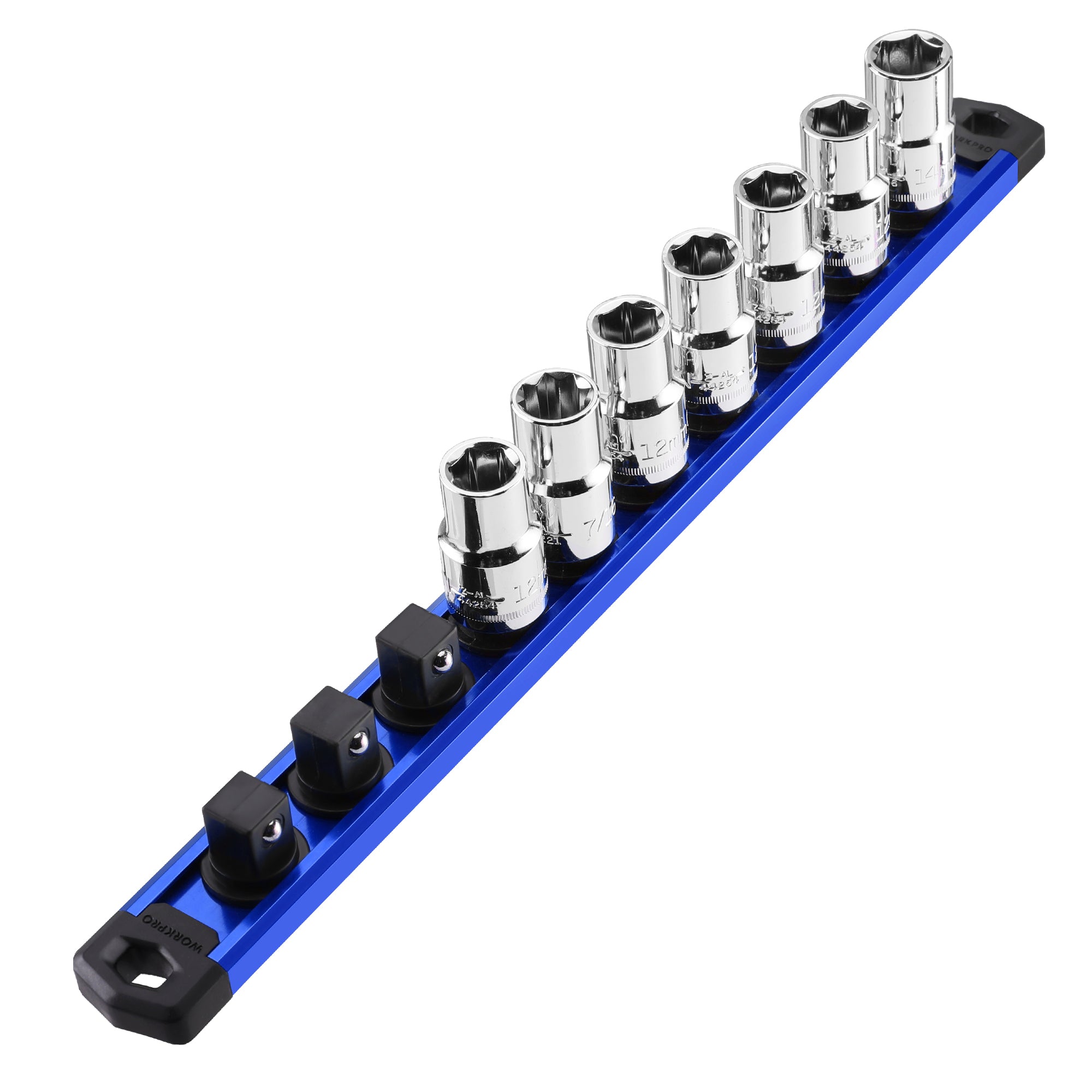 WORKPRO Magnetic Socket Organizer, 3/8-Inch Drive Aluminum Alloy Socket Rail, Heavy Duty Socket Holder, Socket Rack Kit 3/8-Inch x 10 Clips (Blue)