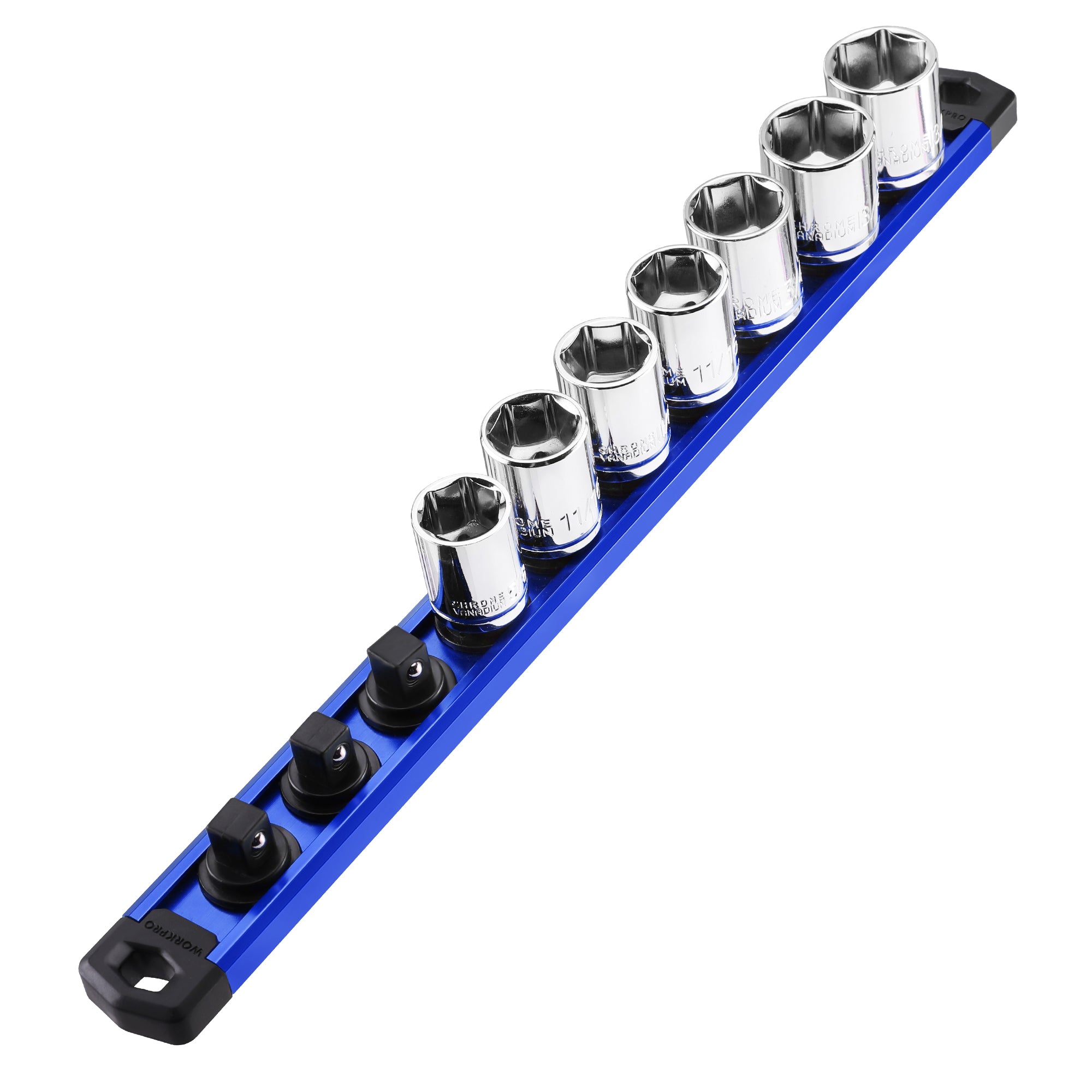 WORKPRO Magnetic Socket Organizer, 1/2-Inch Drive Aluminum Alloy Socket Rail, Heavy Duty Socket Holder, Socket Rack Kit 1/2-Inch x 10 Clips (Blue)