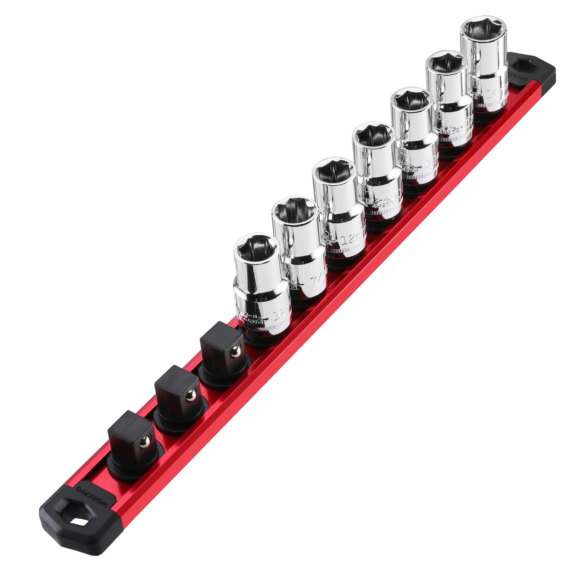 WORKPRO Magnetic Socket Organizer, 3/8-Inch Drive Aluminum Alloy Sockets Rail, Heavy Duty Sockets Holder, Socket Rack Kit 3/8-Inch x 10 Clips (Red)