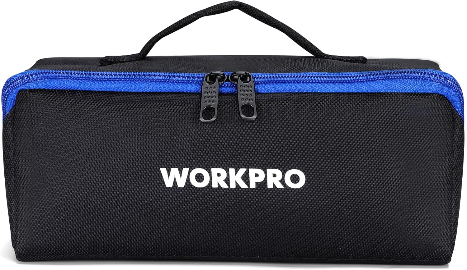 Black WORKPRO rectangular tool bag with blue zip track and double zipper tabs