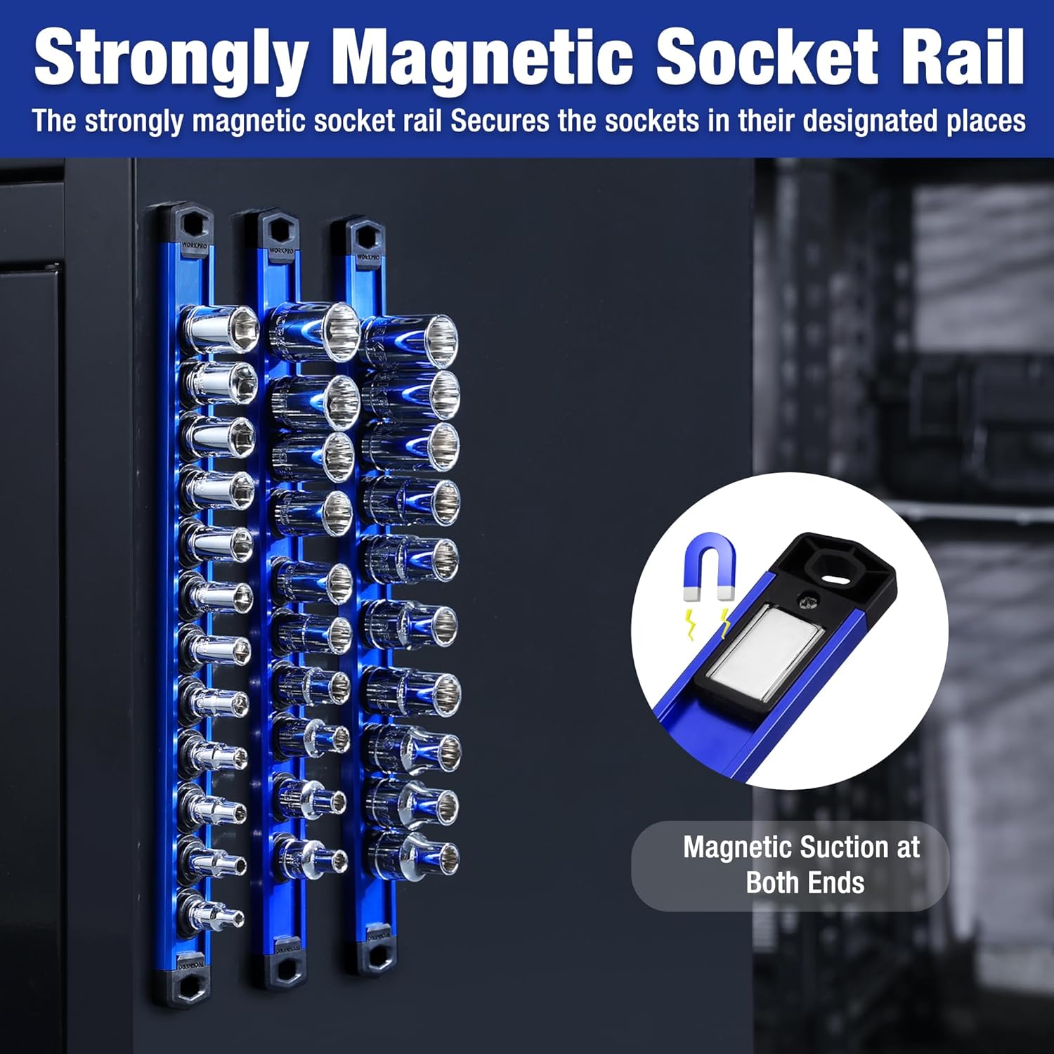 Blue strongly magnetic socket rail with end-to-end magnetic suction clips