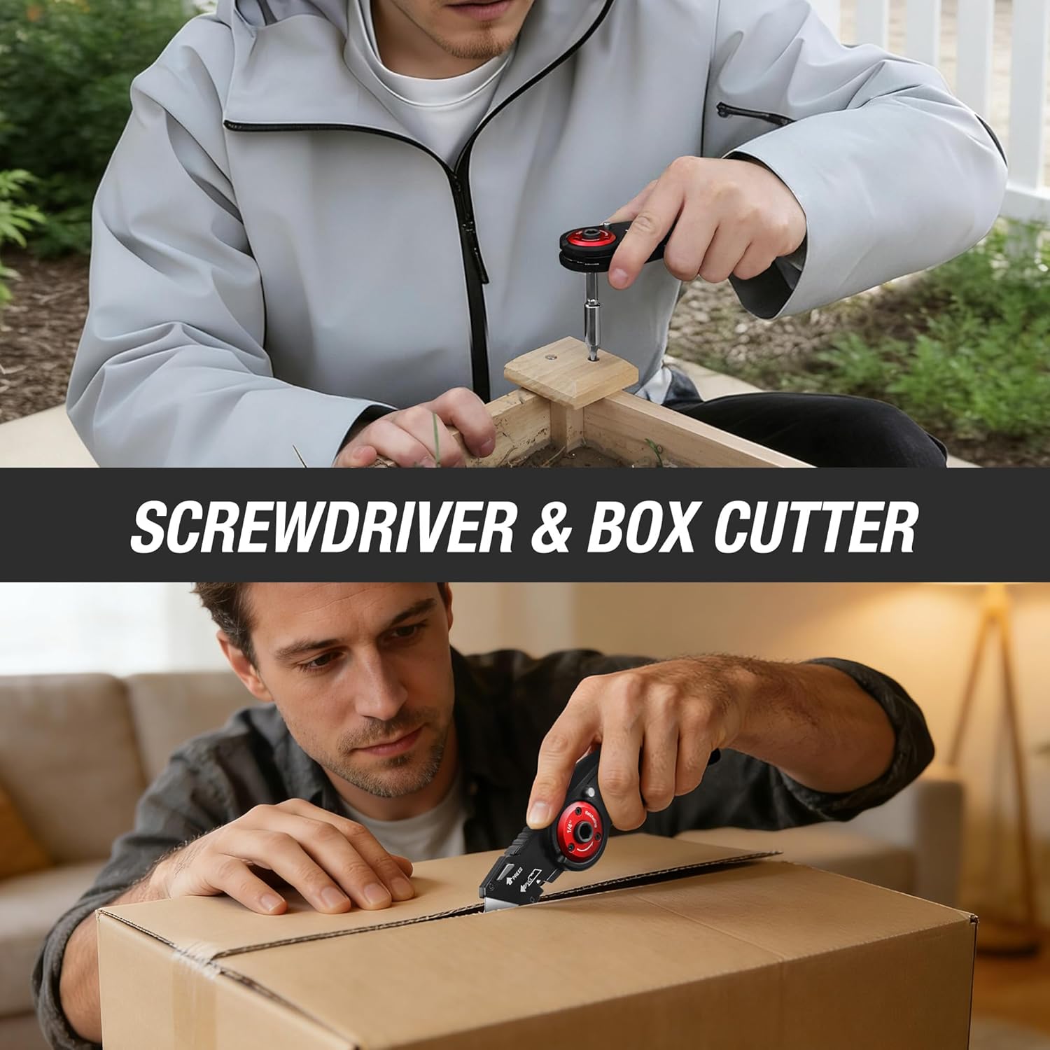 WORKPRO screwdriver and box cutter multitool with fold-out blade, in use on cardboard