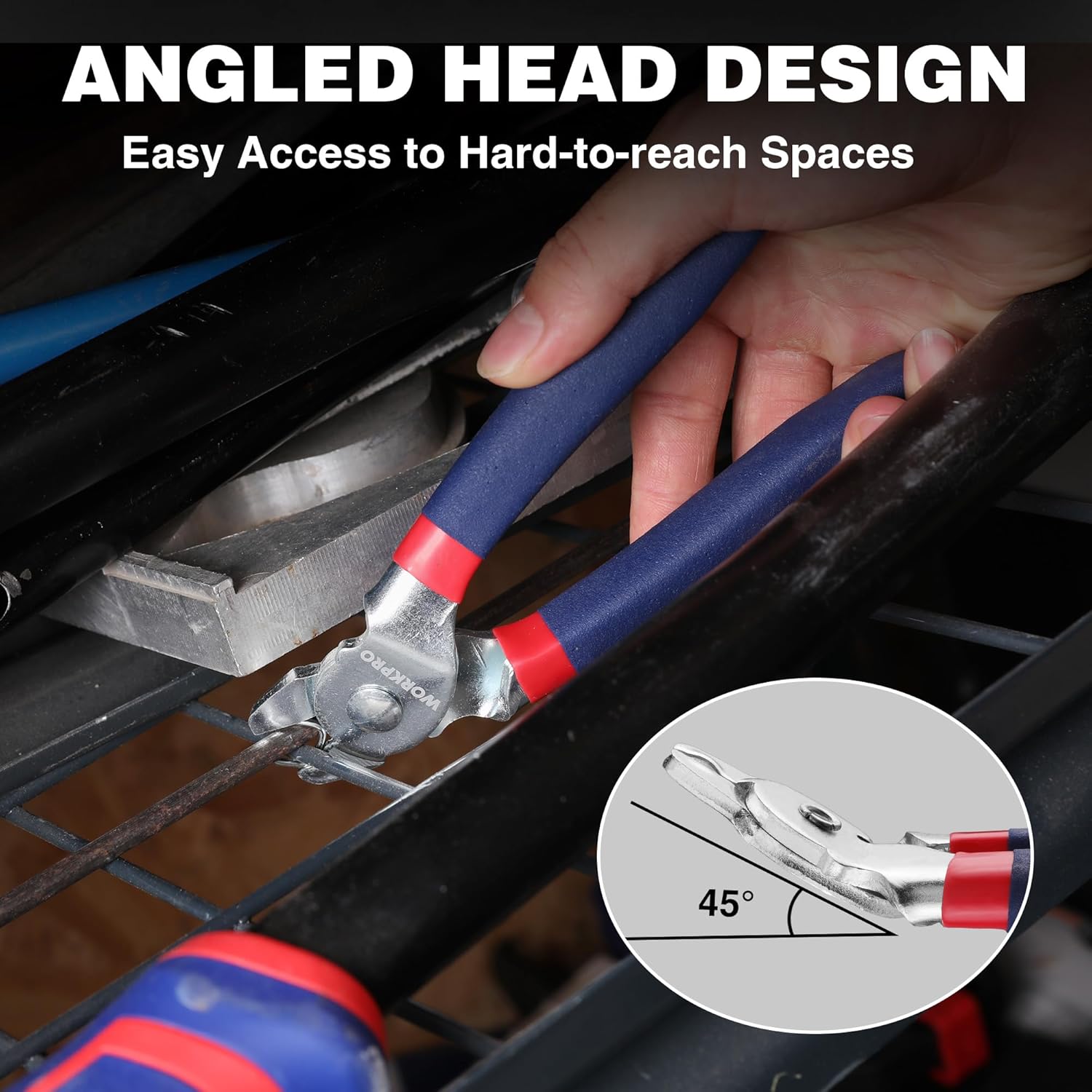 Angled head hog ring pliers for tight spaces, blue handles with red grip bands