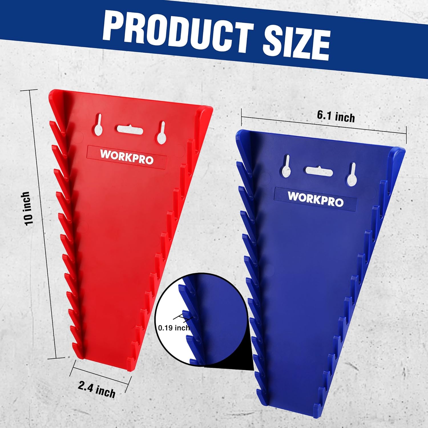 Magnetic wrench organizer rack set, red and blue brackets with multiple wrench slots