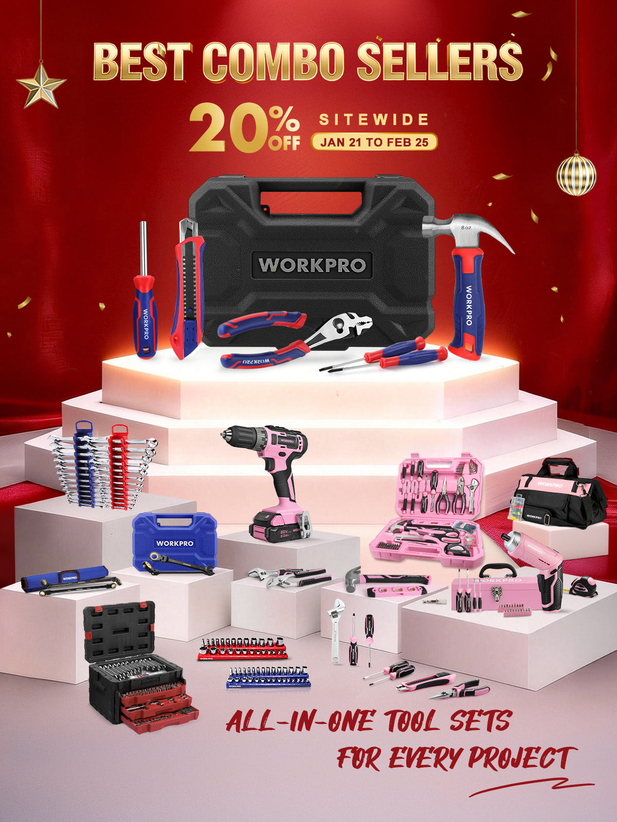WORKPRO 408/450-Piece Mechanics Tool Set With Heavy Duty Case, Ratchet & Sockets, Metric System
