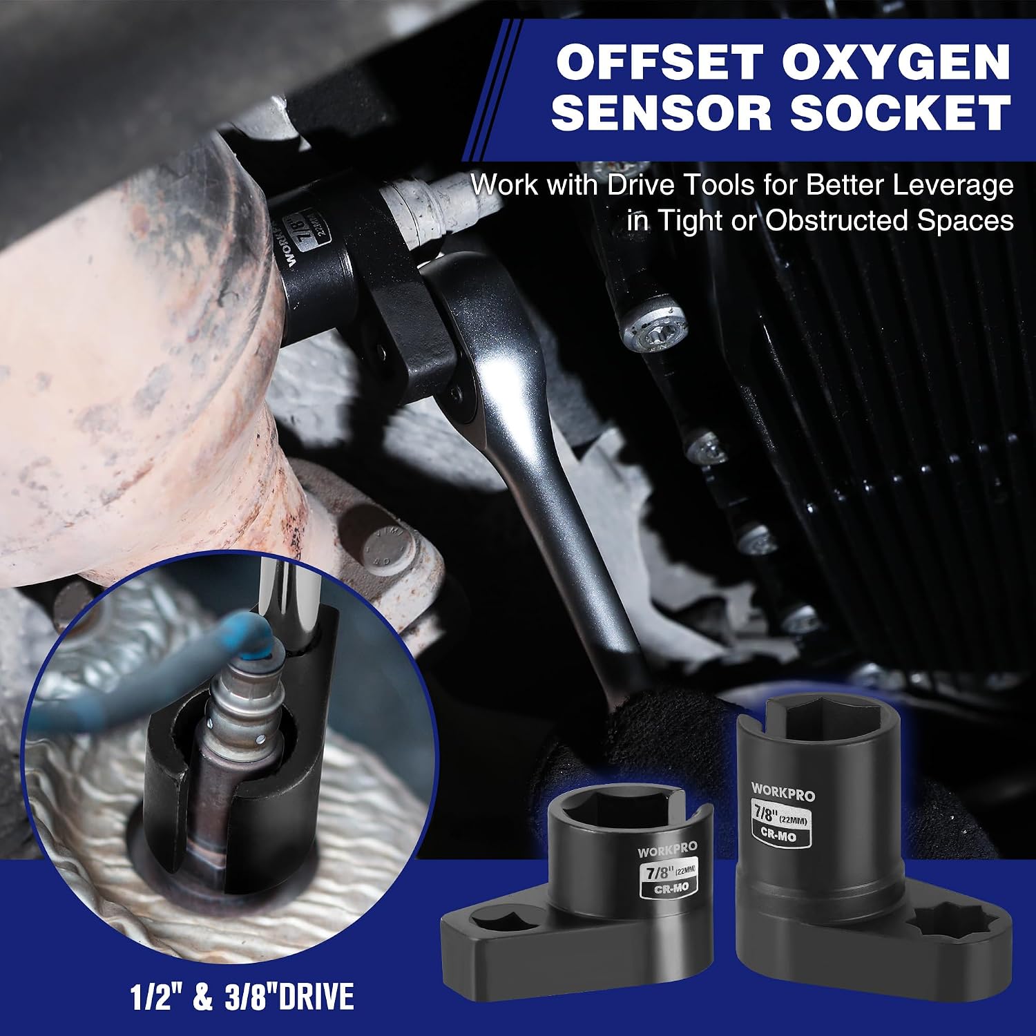 Offset oxygen sensor socket tool with black socket head for tight engine access