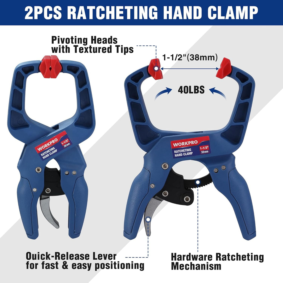 WORKPRO ratcheting hand clamp, blue frame with red lever, 40 lb capacity