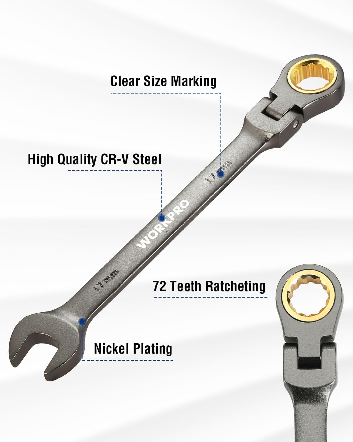 17 mm flex-head ratcheting combination wrench, nickel-plated 12-point box, 72-tooth