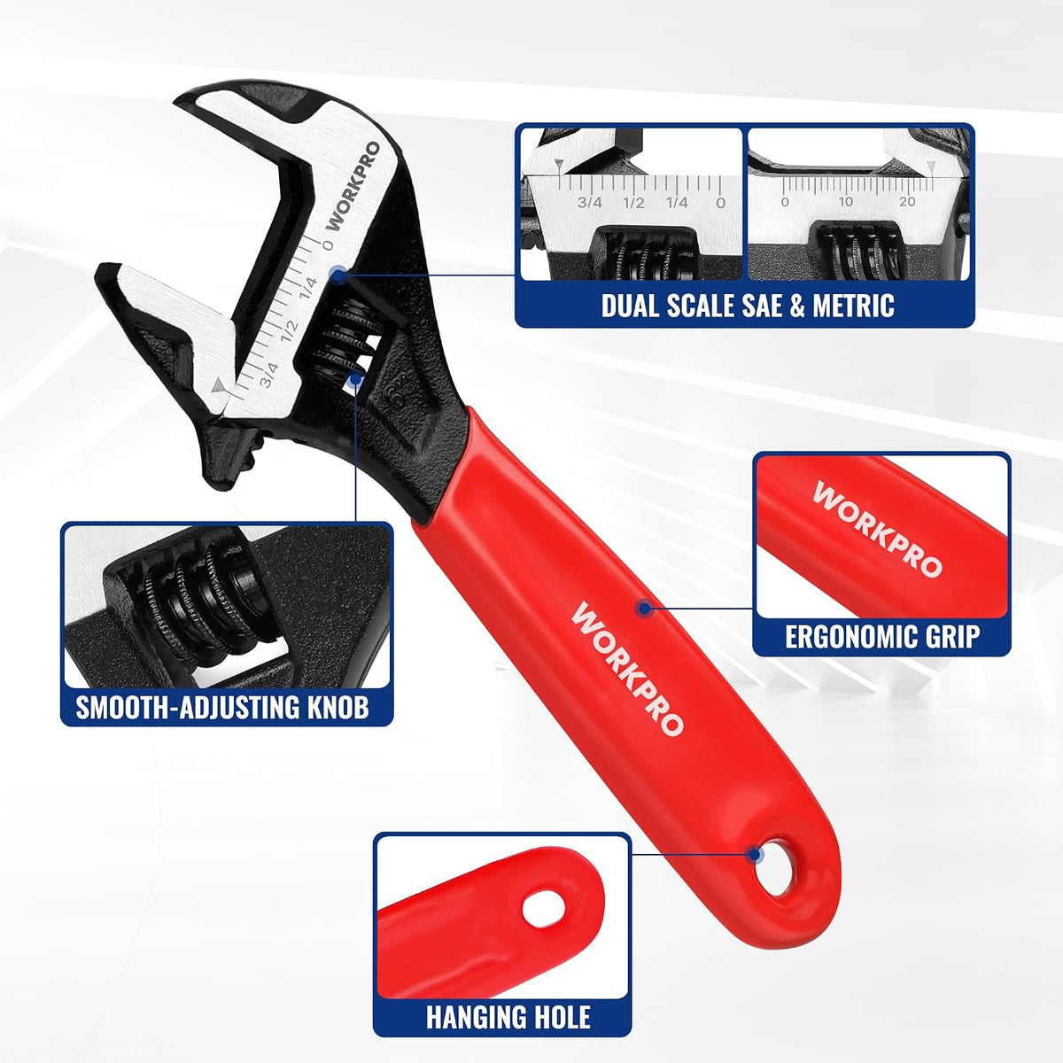 WORKPRO 6-Inch Compact Adjustable Wrench, Wide Jaw Cr-V steel Wrench