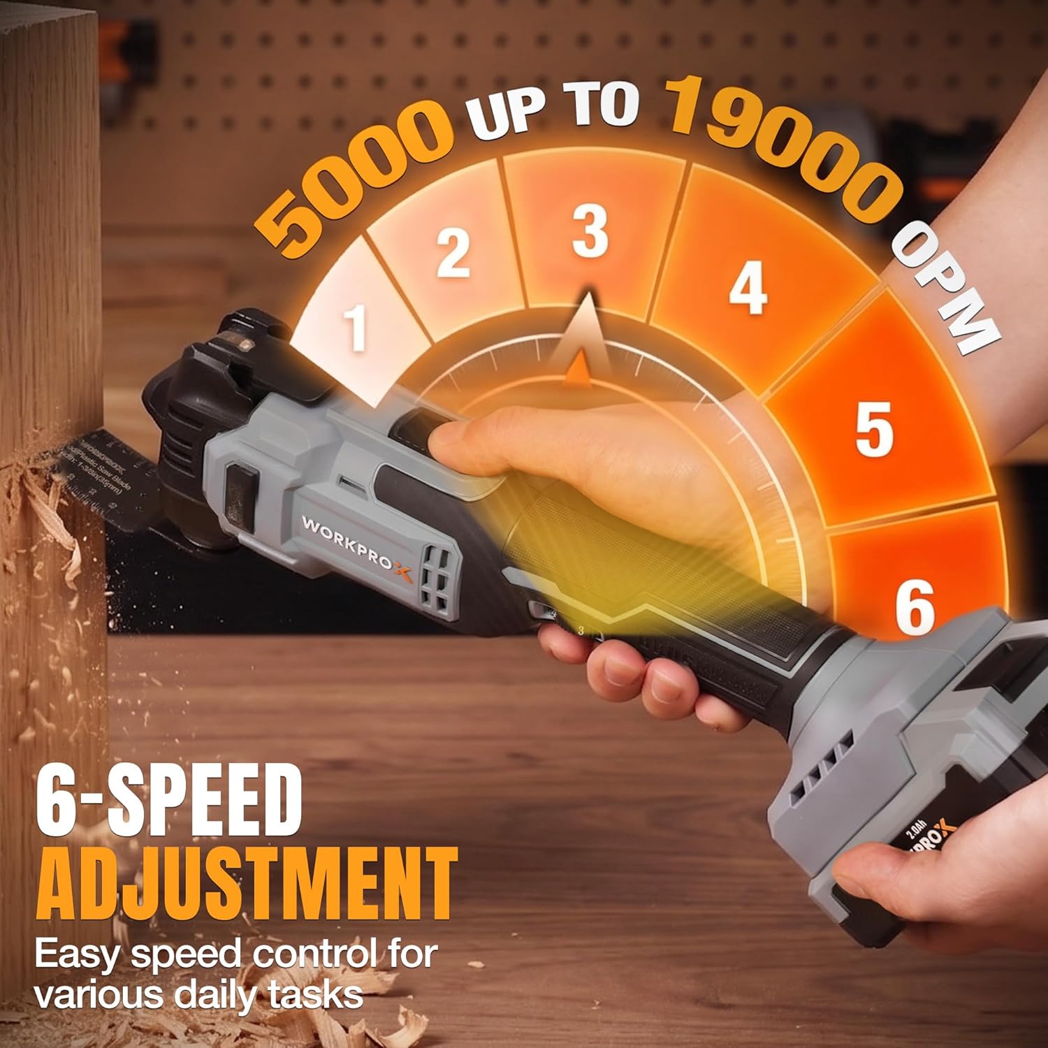 Handheld 6-speed oscillating multi-tool with speed dial on the side