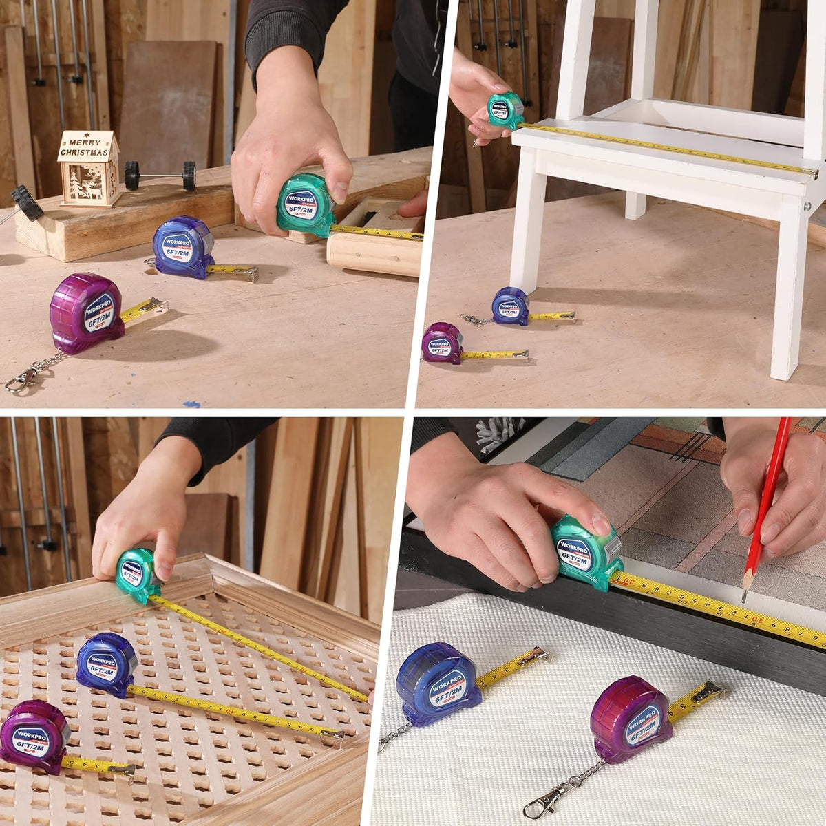 Retractable keychain tape measures, purple, green, and blue, in use on wood and tiles