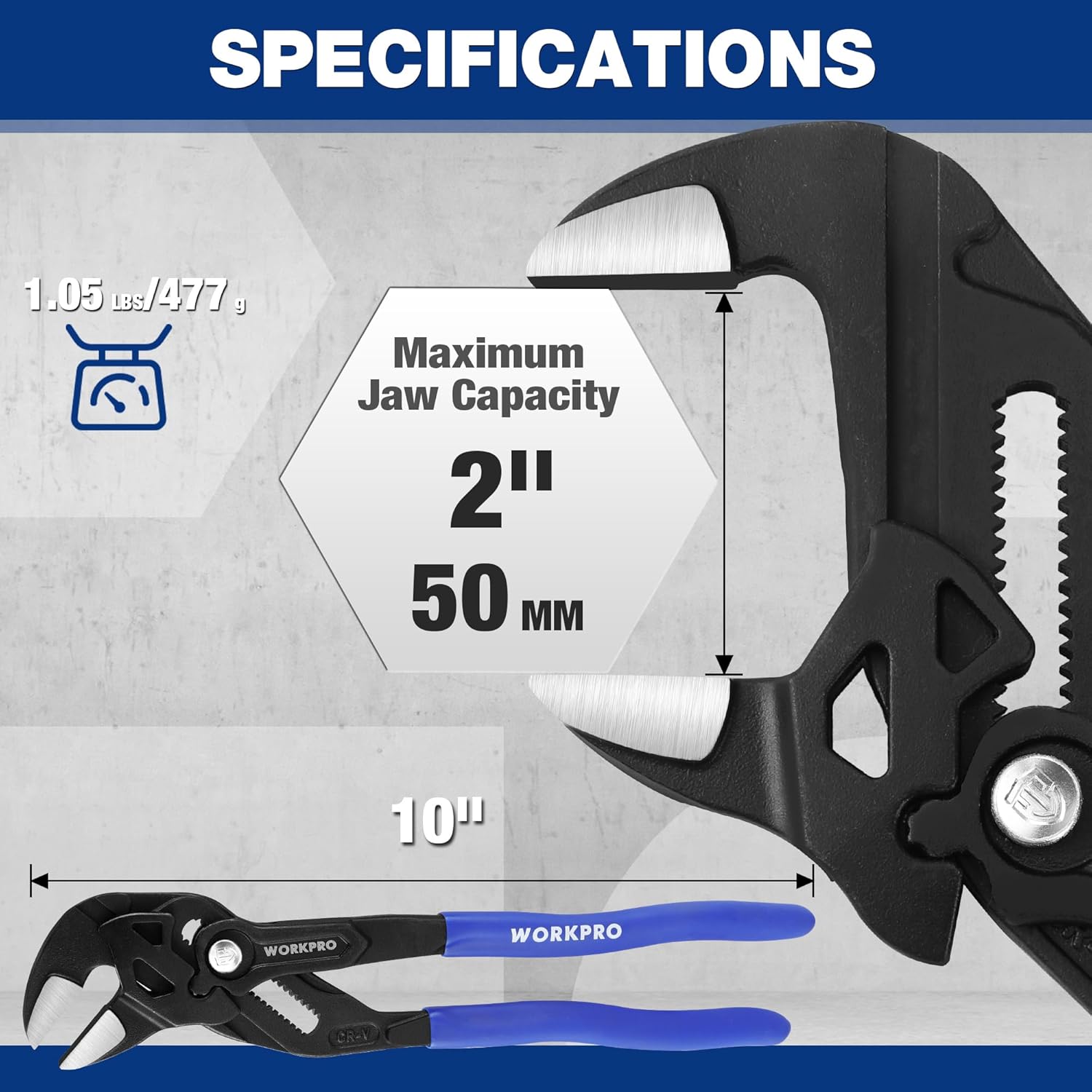 Black 10-inch pliers wrench with blue handles and adjustable parallel smooth jaws