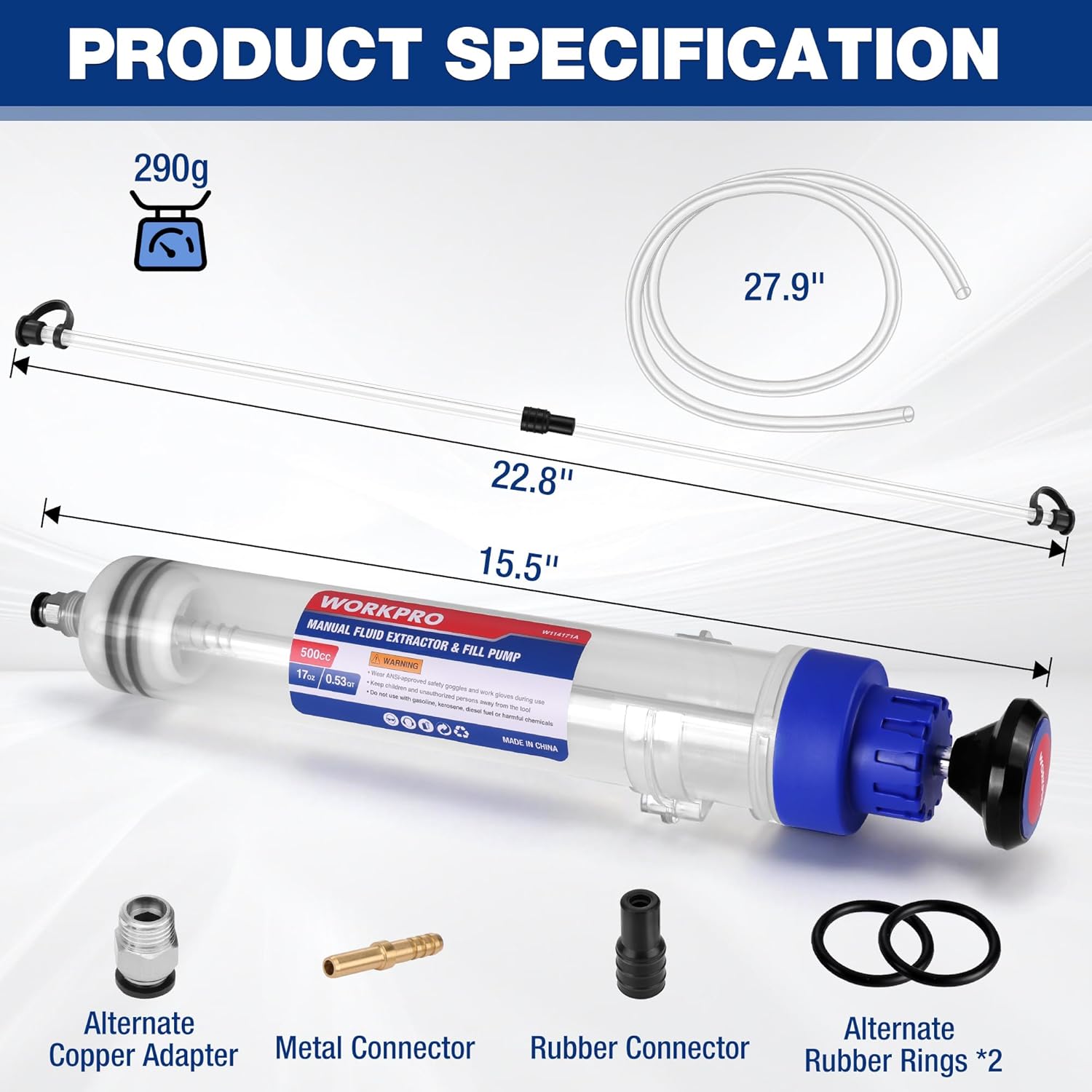 Manual fluid extractor syringe with clear body, blue pump head, and nozzle plus connectors
