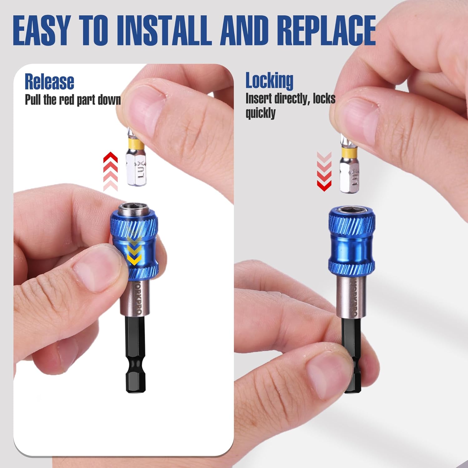 Blue magnetic bit holder extension showing hand release and locking action