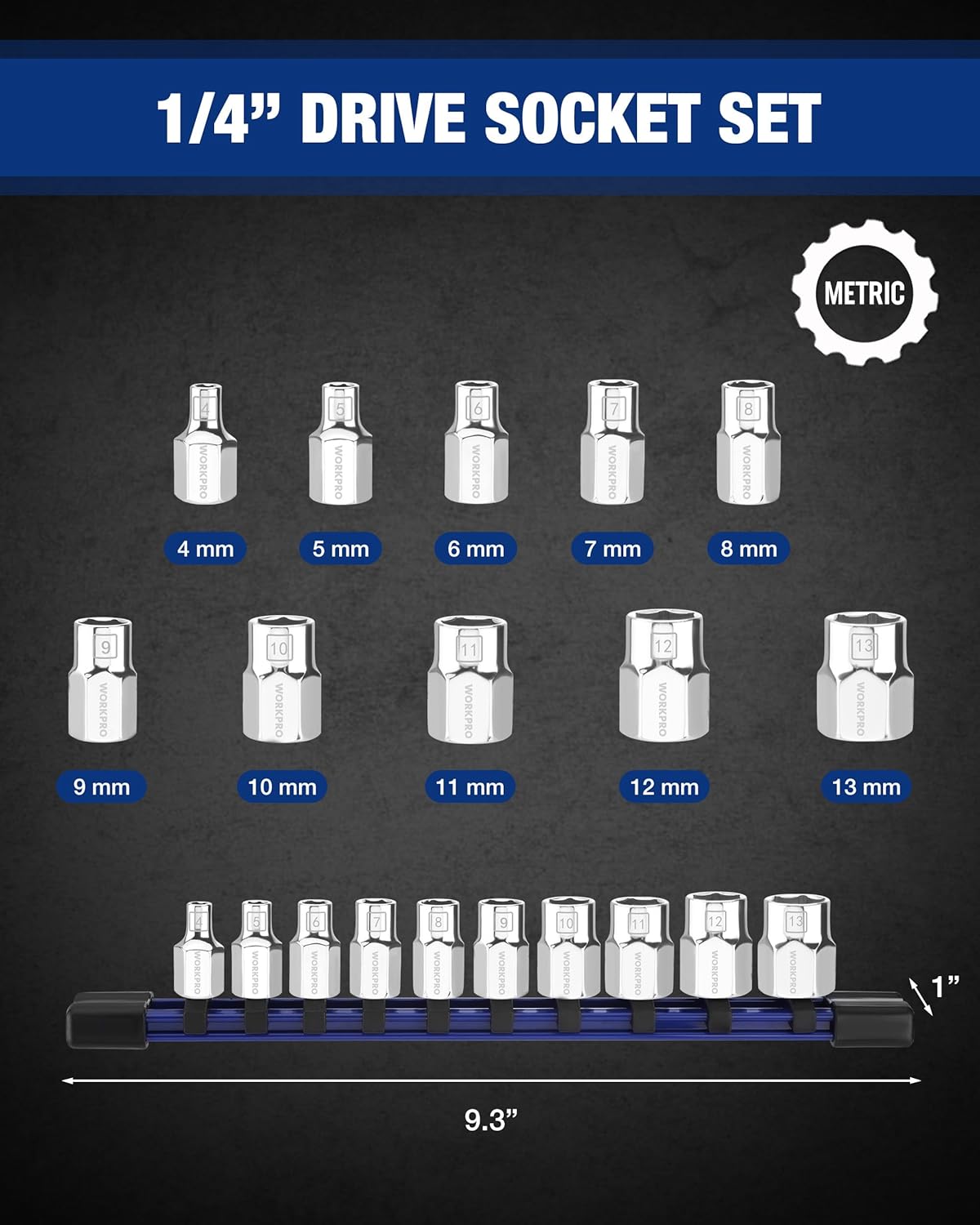 1/4 in drive metric socket set with CR-V sockets on a blue rail, 4mm to 13mm