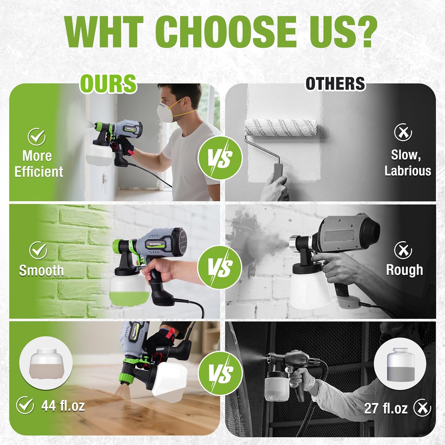 Paint sprayer comparison graphic showing 44 fl oz container size and efficient spray use.
