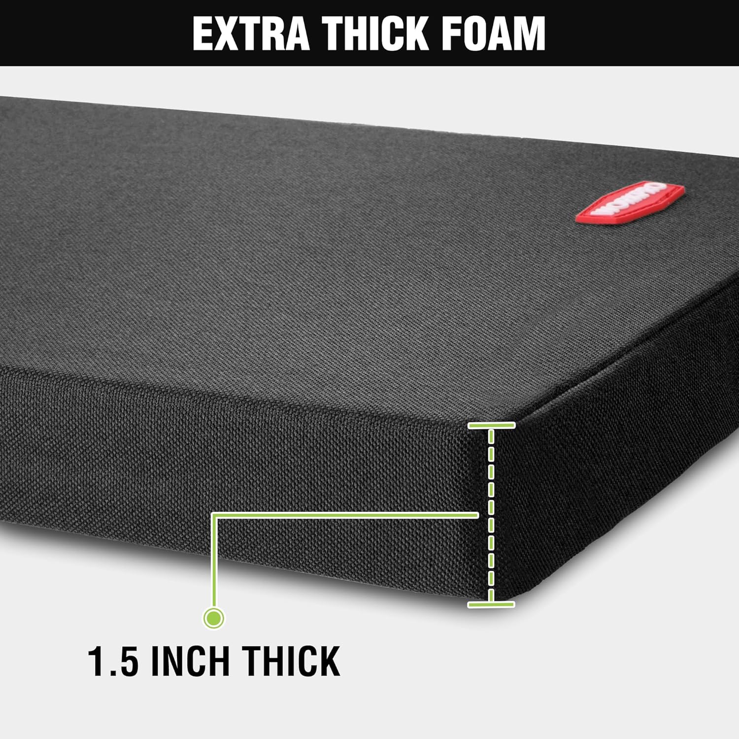 Black kneeling pad with 1.5-inch thick foam cushion and textured cover surface