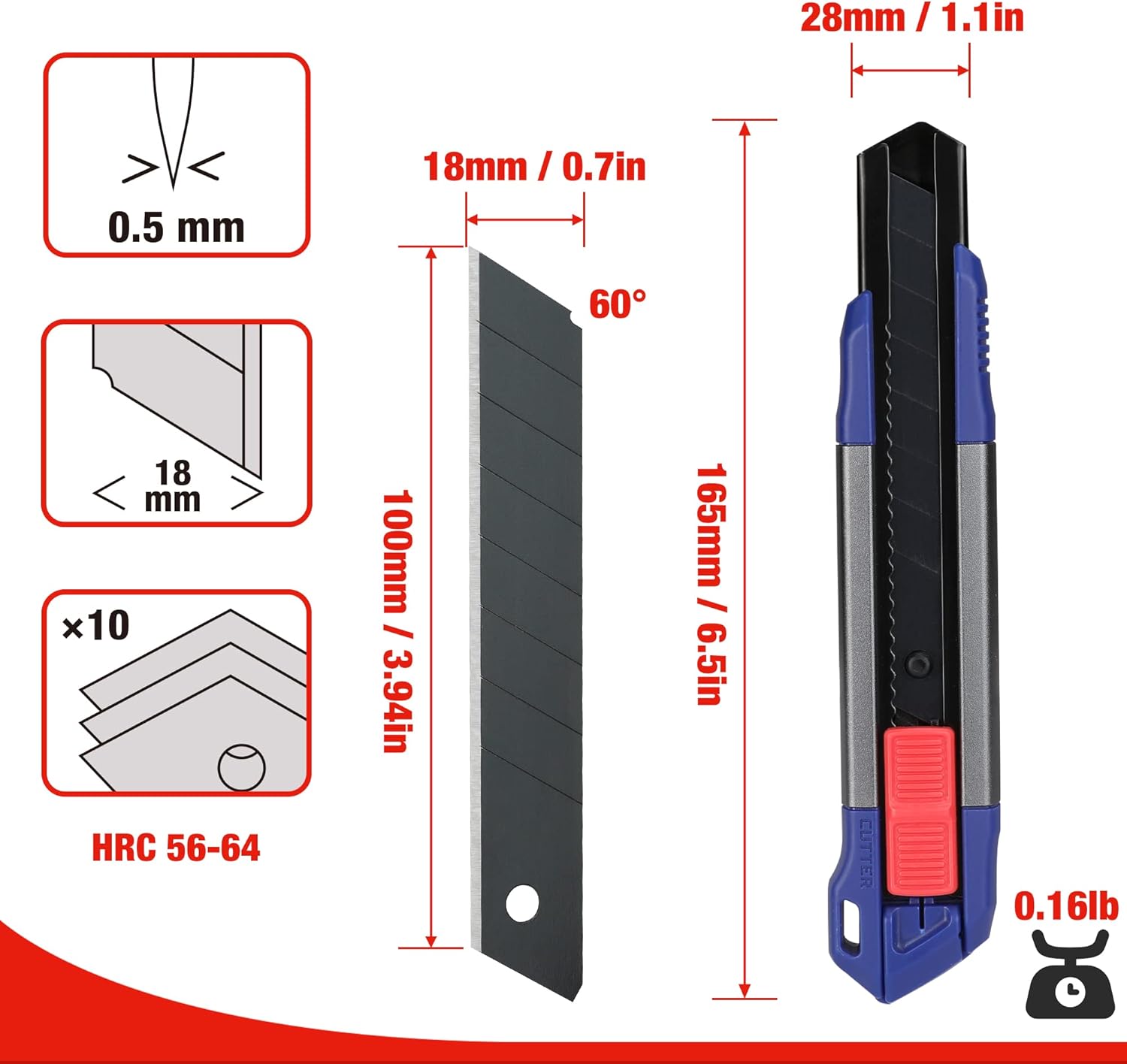 18mm snap-off utility blade size diagram with 10 sections and HRC rating