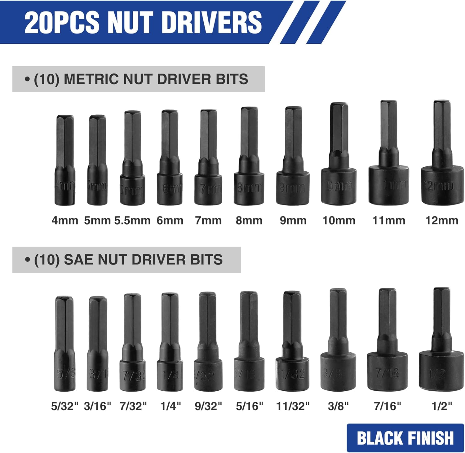 Black nut driver bits set with metric and SAE socket sizes, 20-piece.