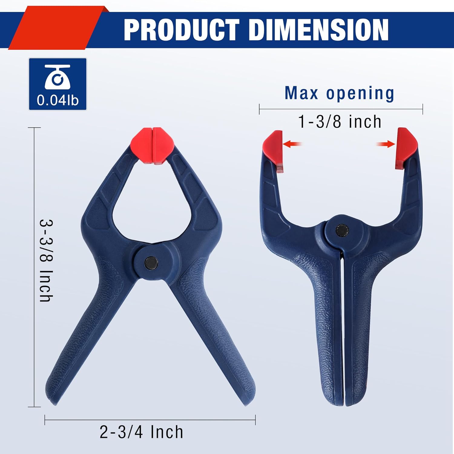 Dark blue nylon spring clamp with red jaw pads, adjustable opening up to 1-3/8 in
