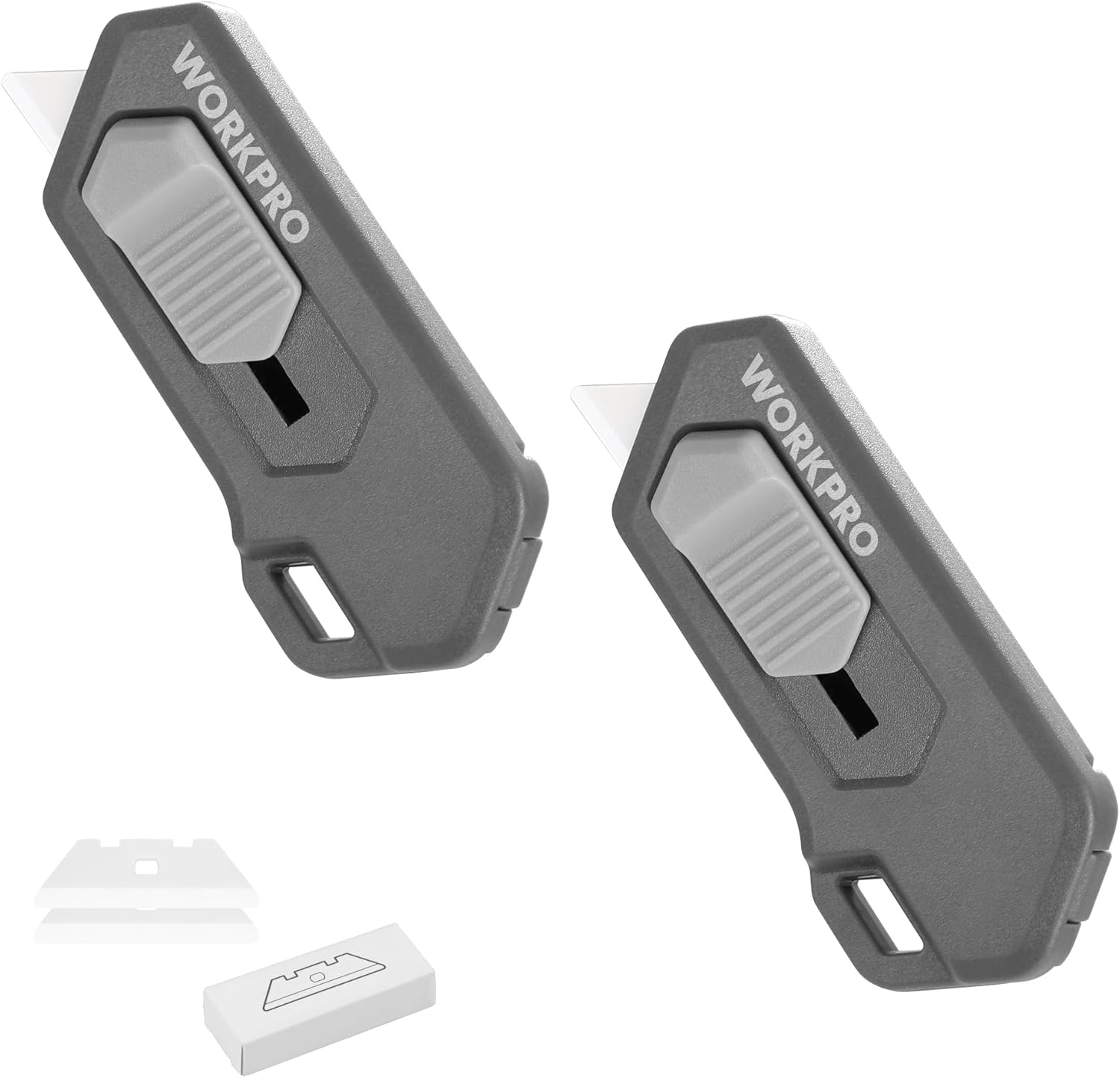 Dark gray retractable safety box cutter with spare blade inserts