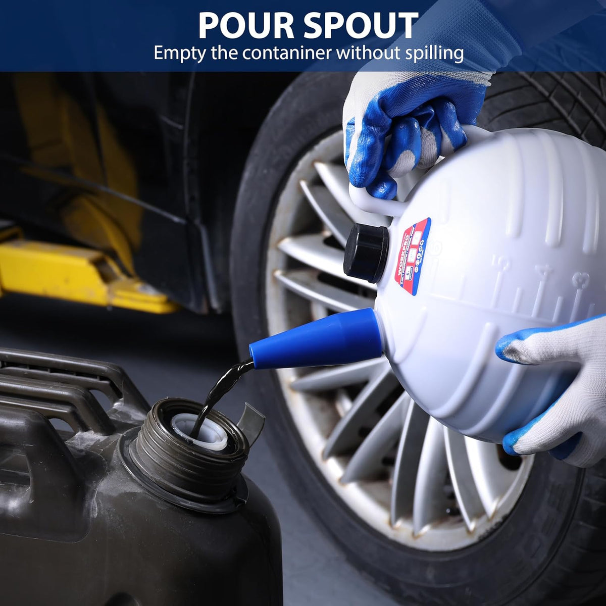 White pump container with blue pour spout for controlled fluid transfer