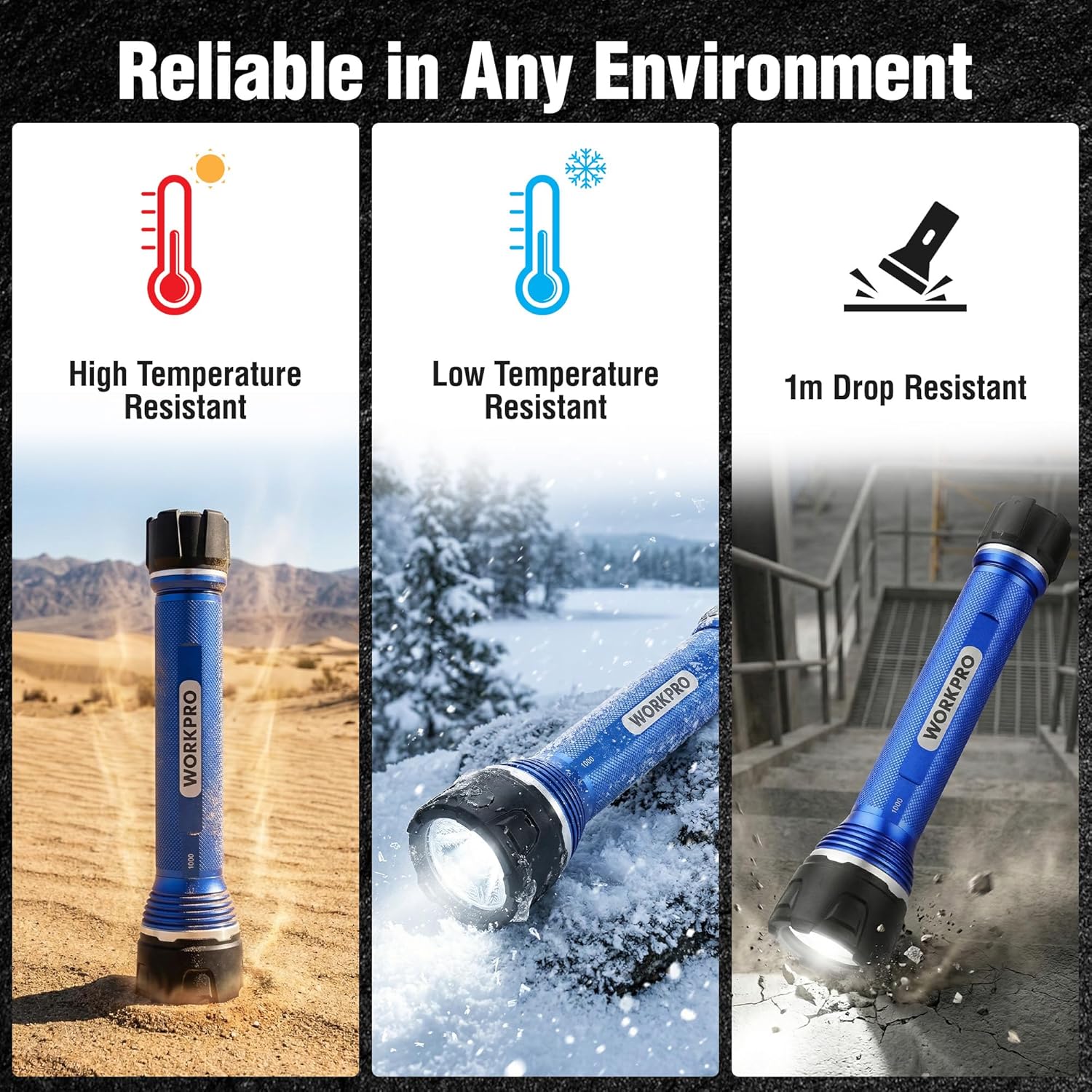 Blue rechargeable LED flashlight with indicators for heat resistance, cold resistance, and drop-proof