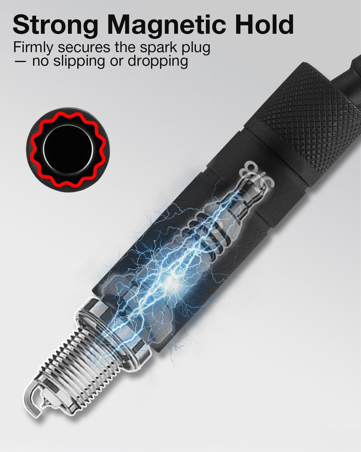 Black 5/8 in spark plug socket with 12-point magnetic tip for secure plug hold