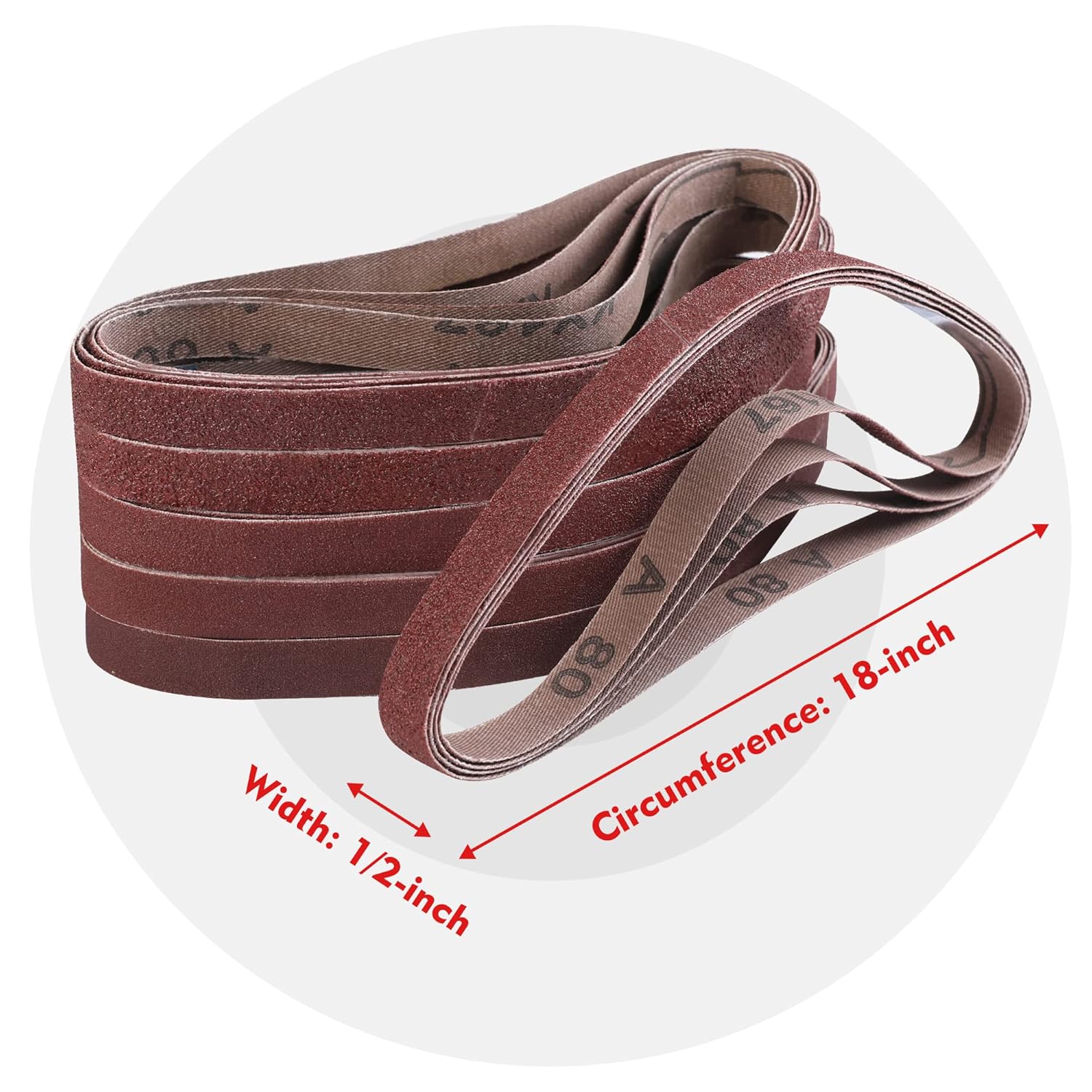 Red sanding belts bundle with 1/2 x 18-inch size markings and grit labels