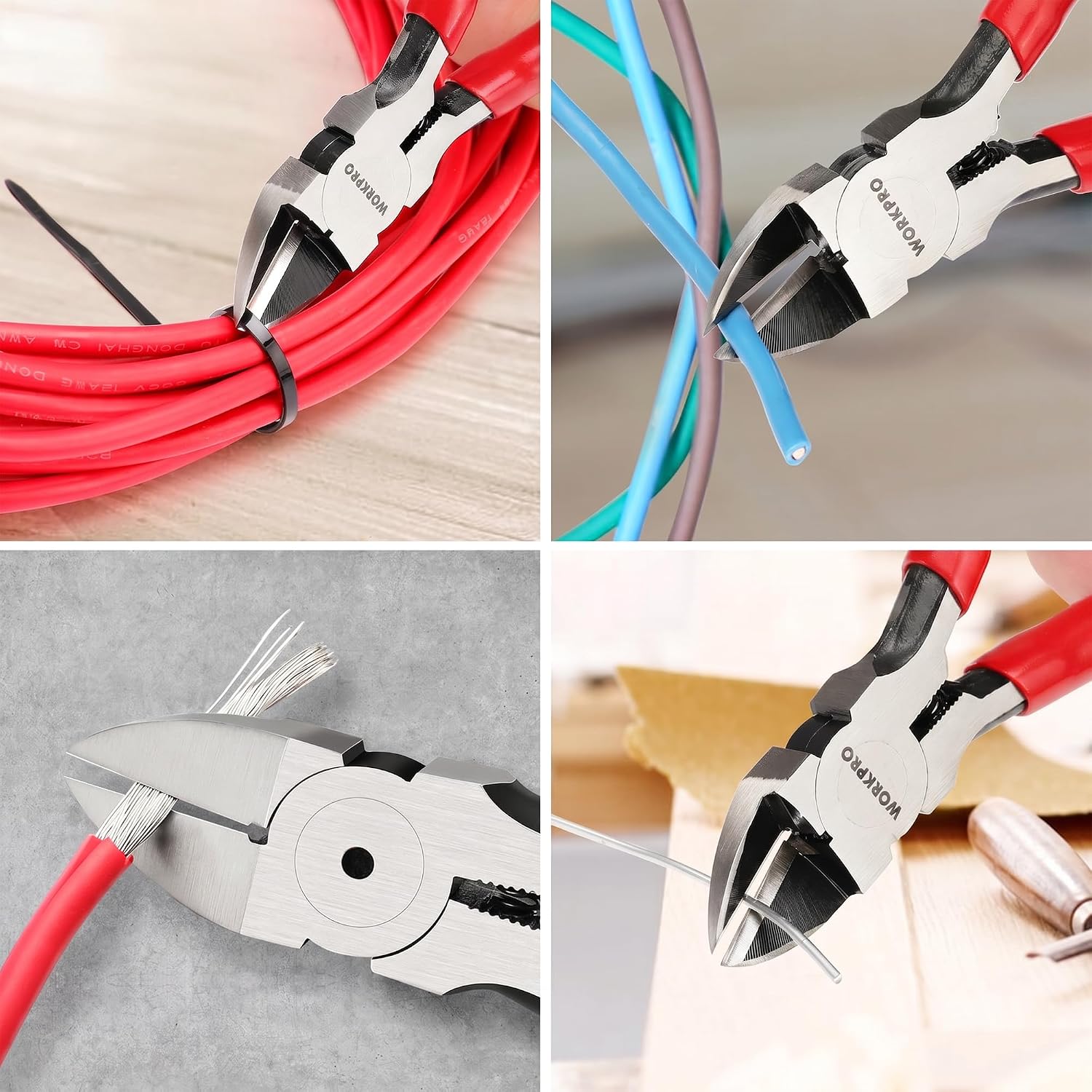 WORKPRO flush cutters close-up cutting colored wires, red handles and steel blades