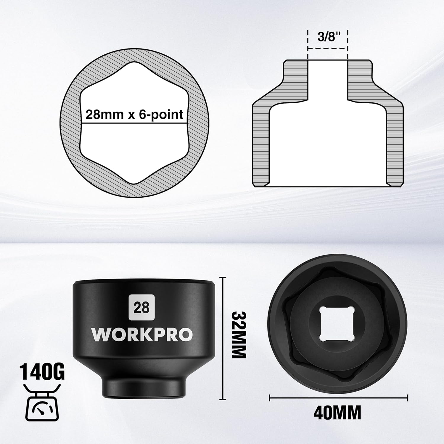 WORKPRO 28mm 6-point oil filter socket wrench, black, 3/8 in drive