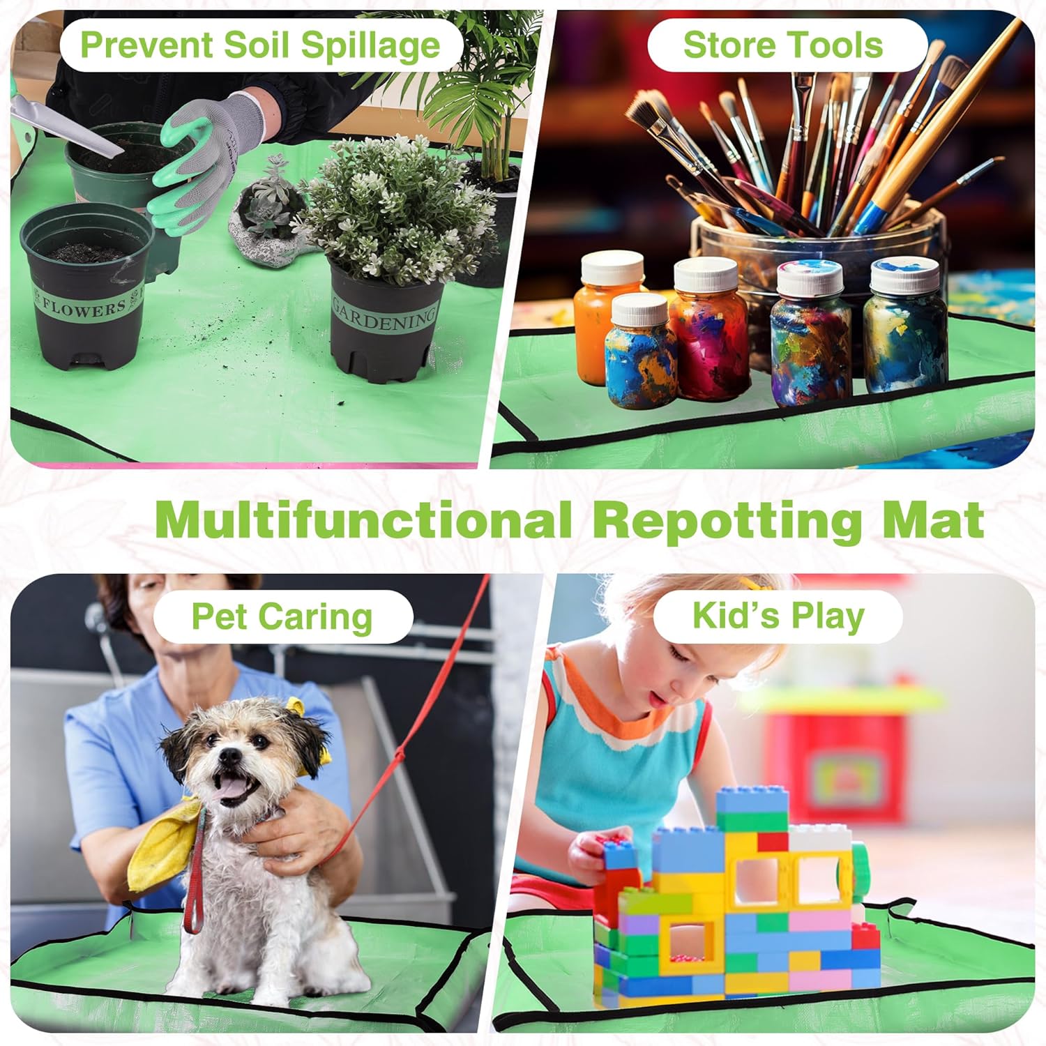 Multifunctional repotting mat with gardening gloves, small tools, and storage jars