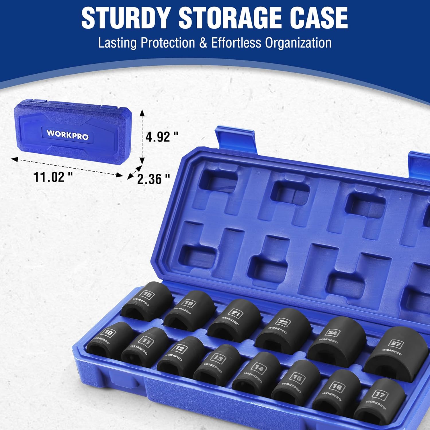 WORKPRO storage case with 1/2in drive shallow impact sockets, black metric set