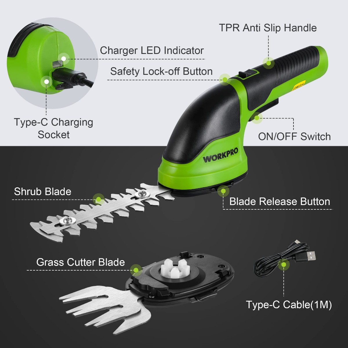 Green handheld electric trimmer with hedge blade, grass blade, and Type-C charging cable