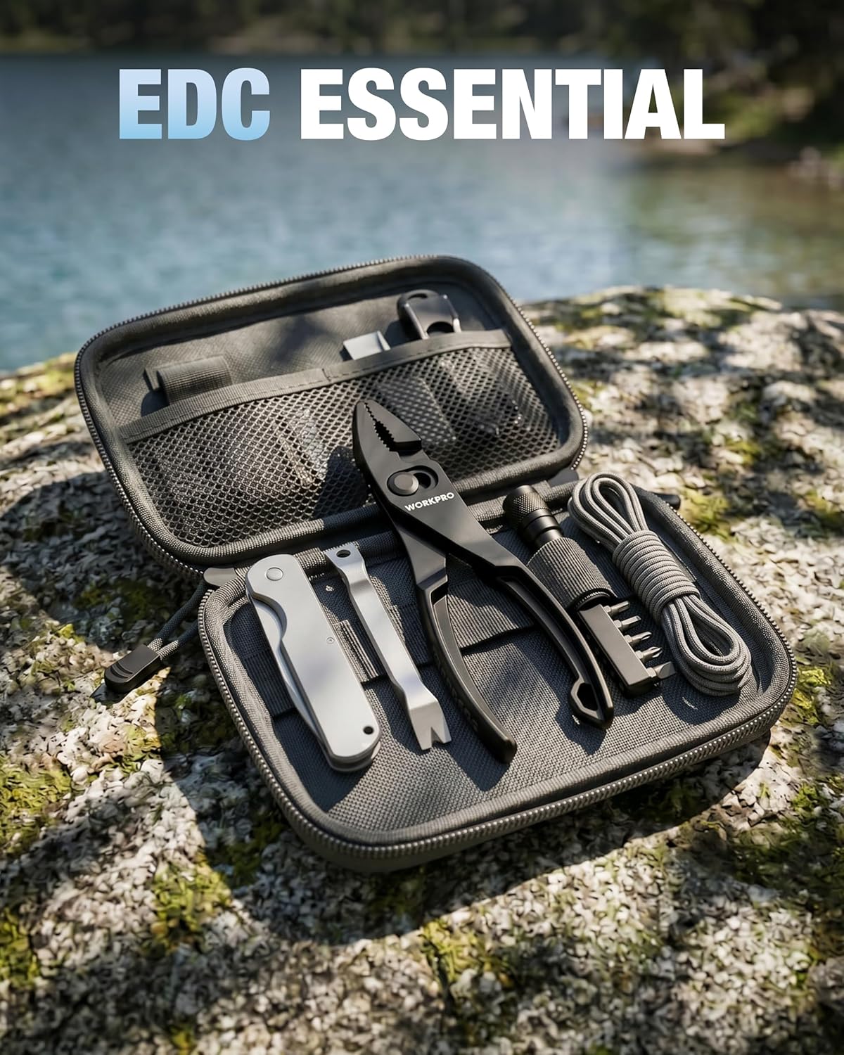 WORKPRO slip joint pliers in a zippered EDC case, serrated jaws and compact handle