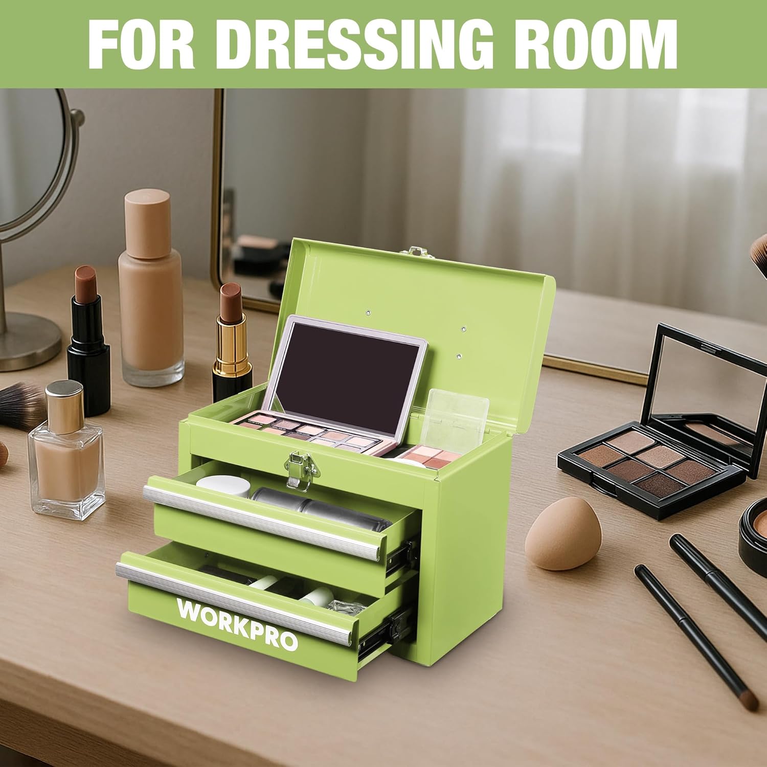 Lime green mini metal tool box with open lid and two drawers for organizing items