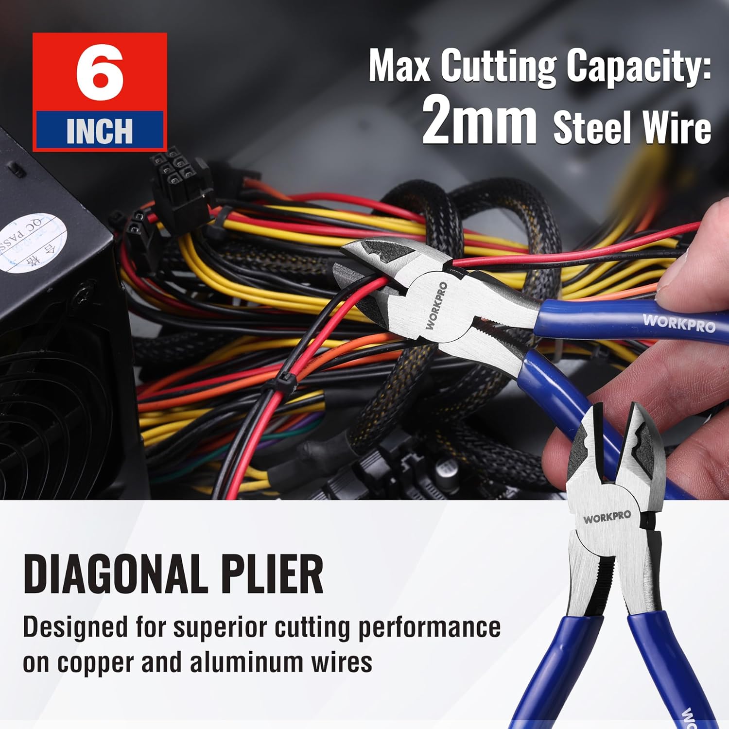 WORKPRO 6-inch diagonal plier cutting up to 2mm steel wire