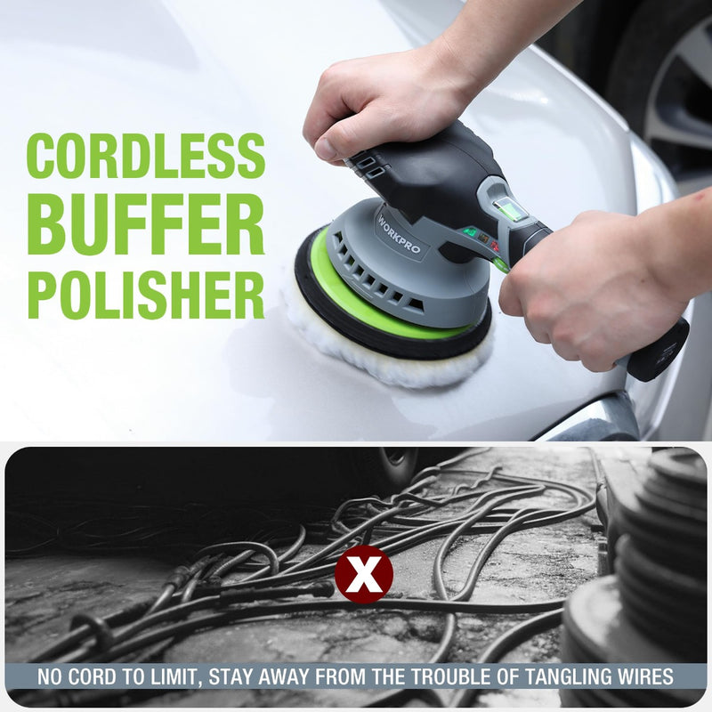 WORKPRO 6-Inch Dual Action Cordless Car Buffer Polisher with 2 pcs 12V Rechargeable Battery