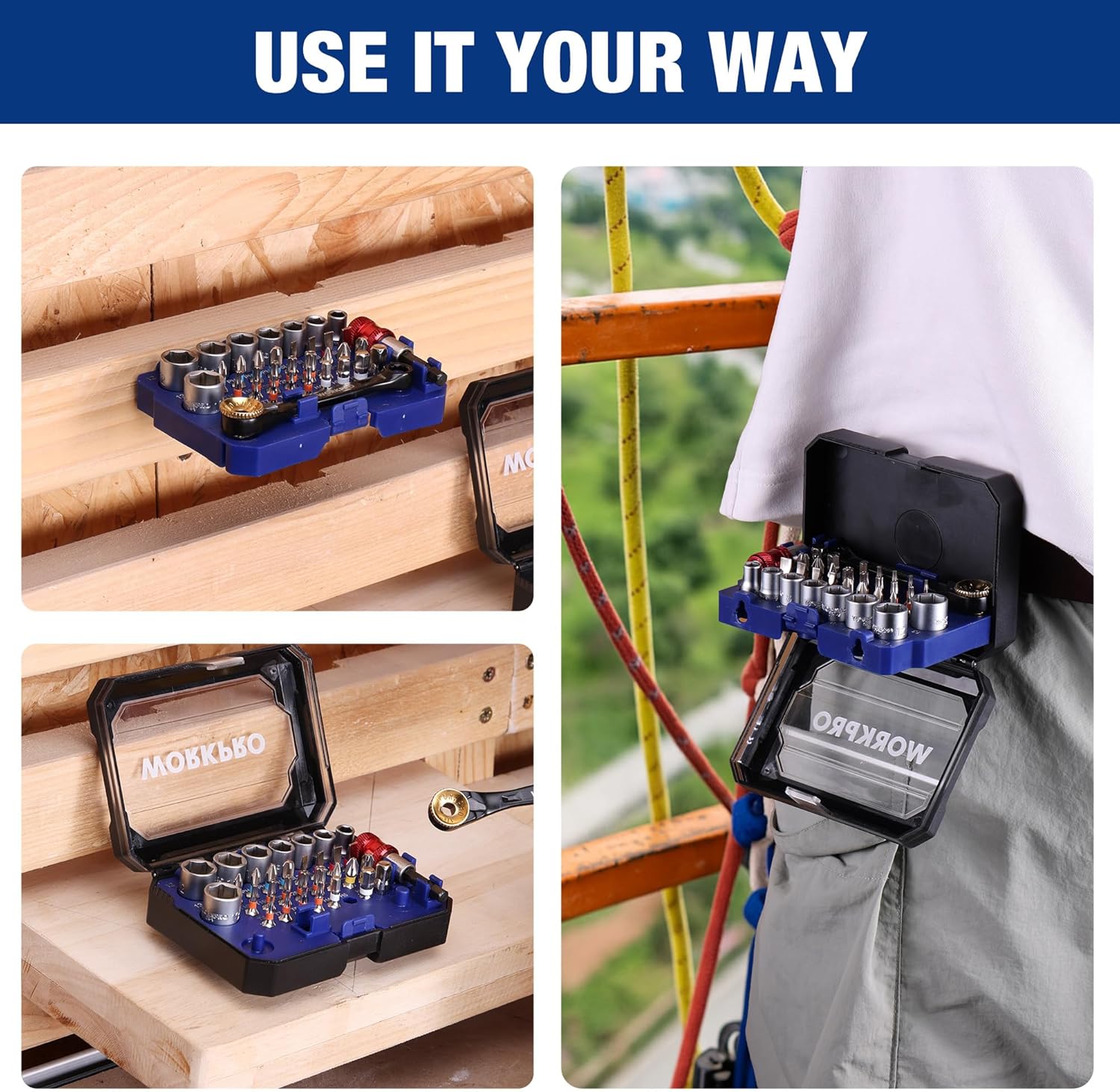 Mini ratchet bit set in use on a toolbox and outdoor work surfaces