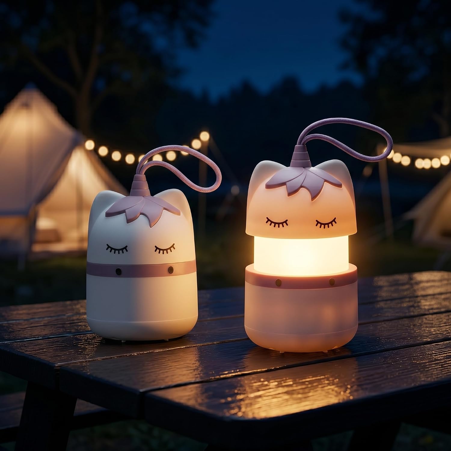 Kids camping lantern pair with unicorn design, warm light glow and hanging loop handles
