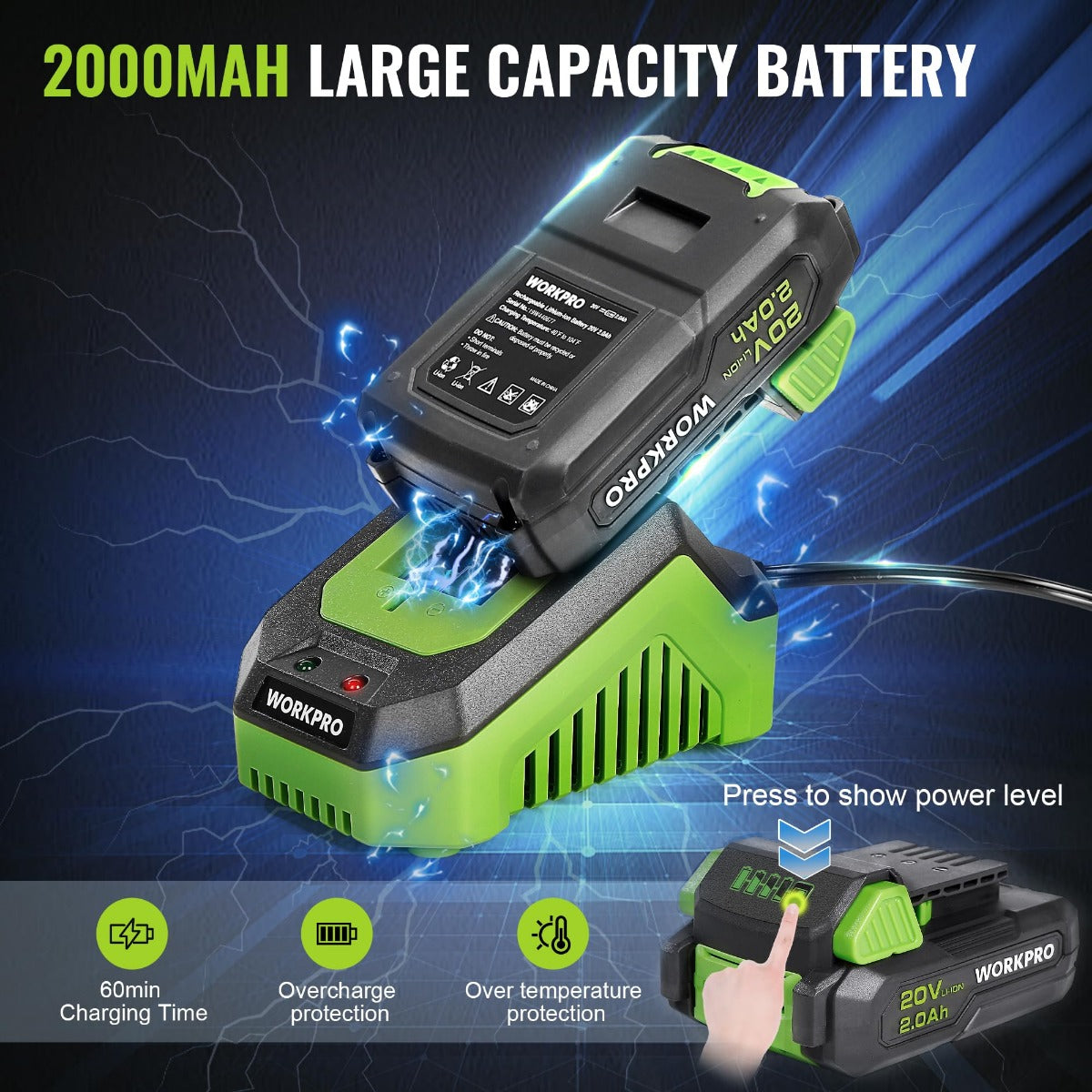 20V cordless sander battery pack with power level lights, protection icons, and charging features