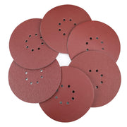 Red round sanding discs with 8-hole perforation, hook-and-loop abrasive pads set