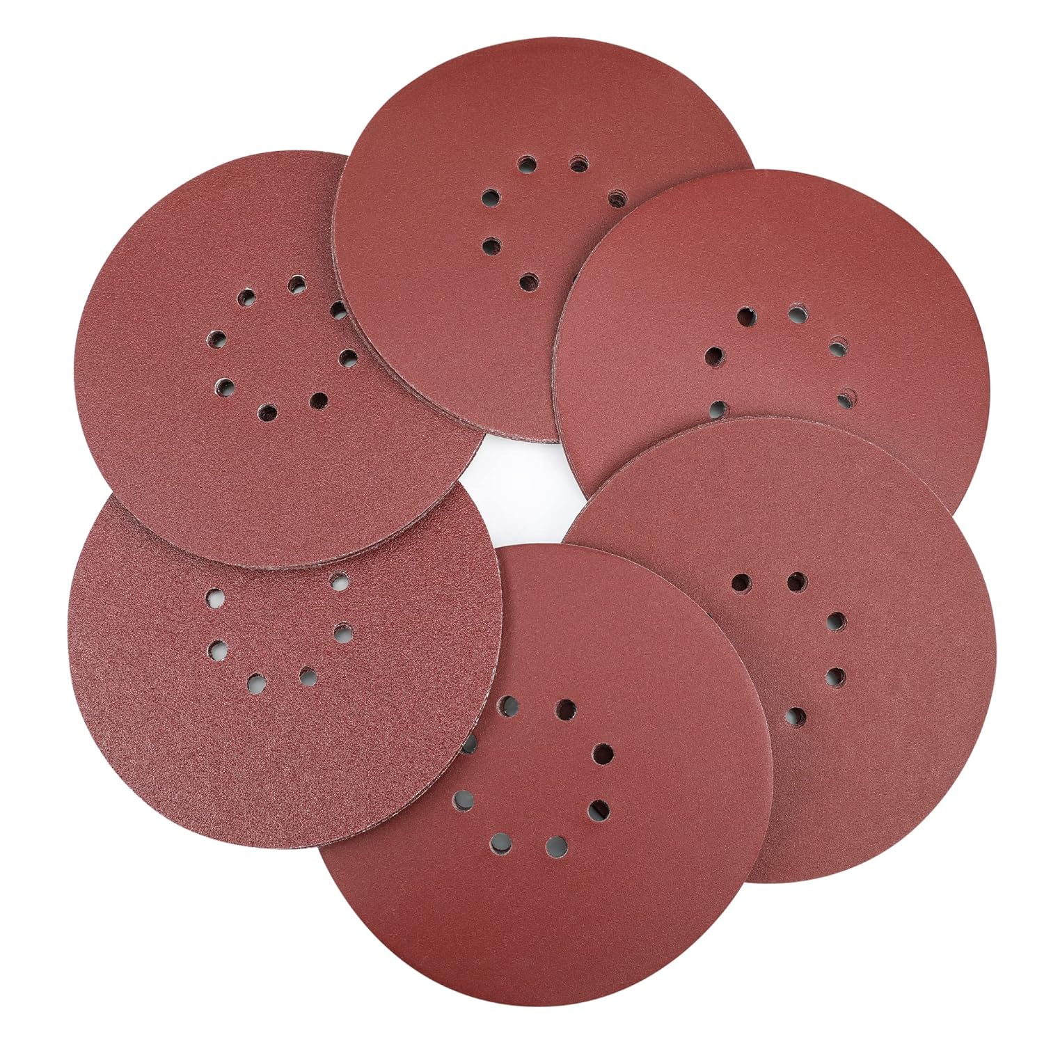 Red round sanding discs with 8-hole perforation, hook-and-loop abrasive pads set