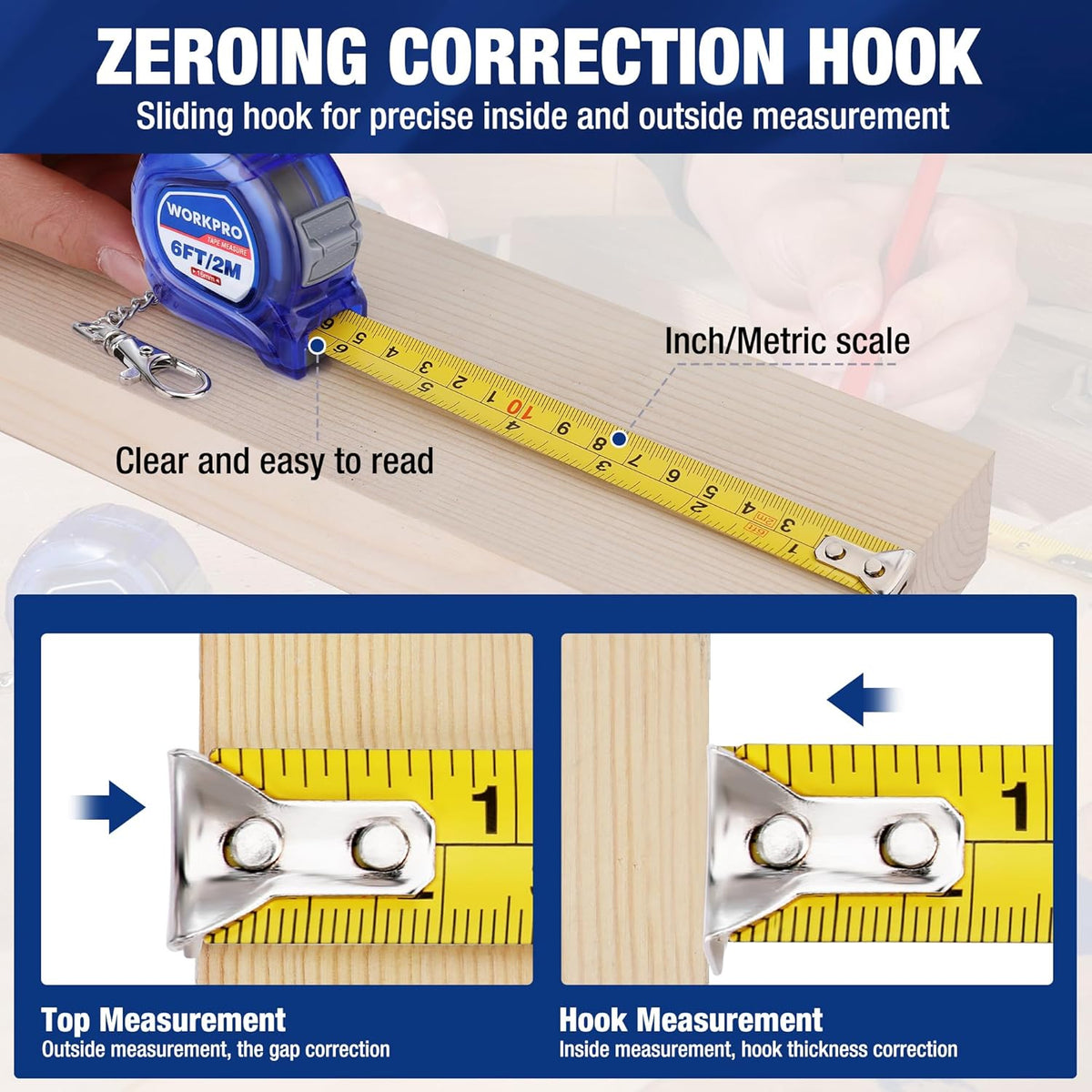 Blue mini tape measure keychain with sliding hook and yellow inch/metric scale blade on wood