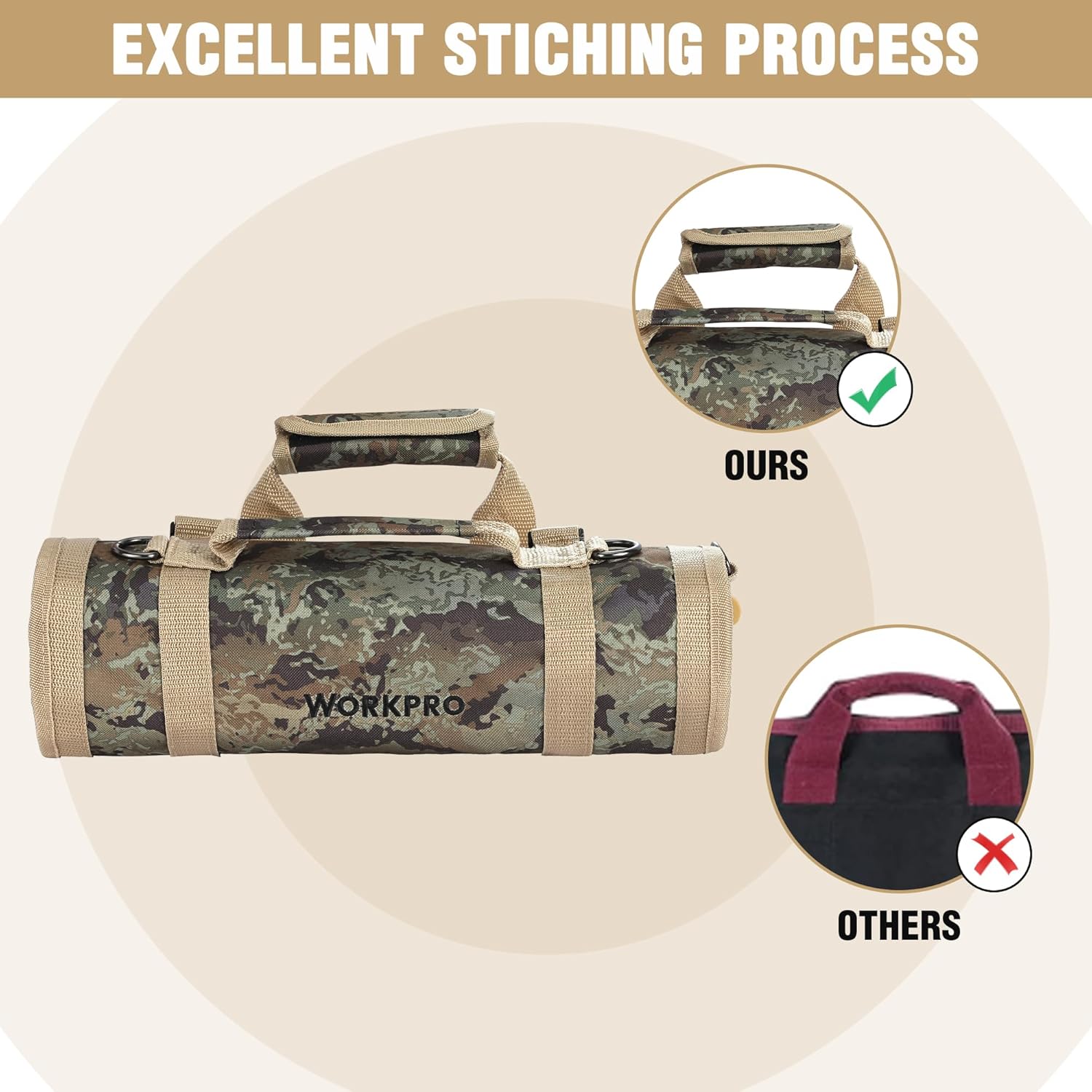Camo roll tool bag with reinforced stitching and secure end handle