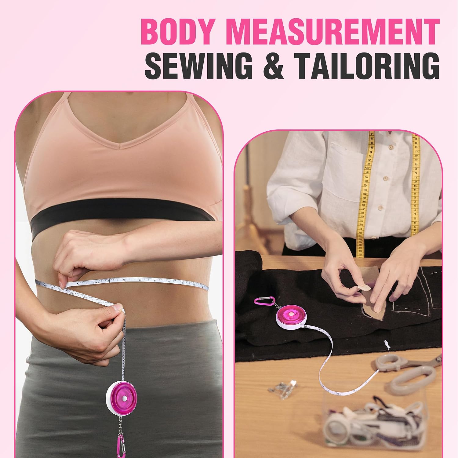 Pink retractable measuring tape in use for body measuring, with carabiner clip