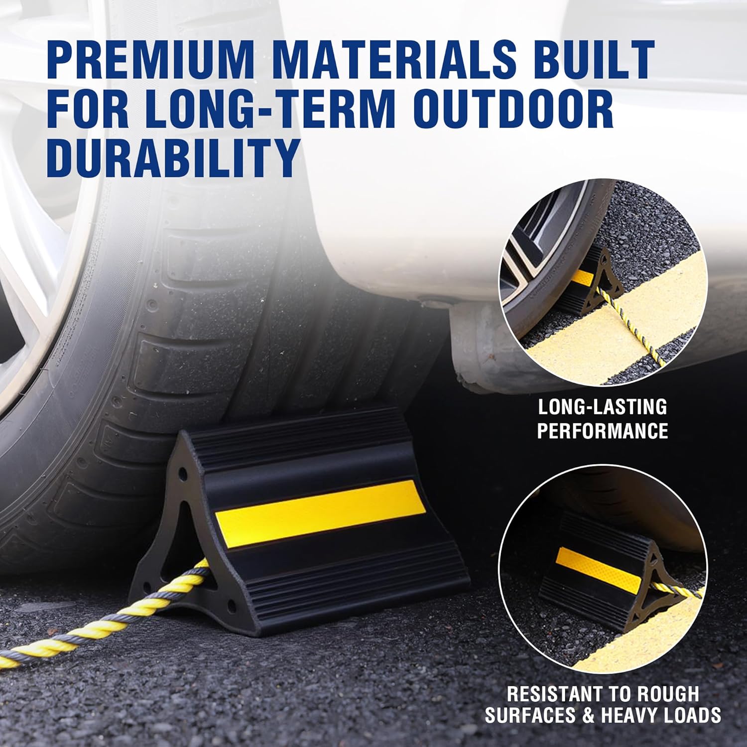 Black rubber wheel chock with yellow reflective stripe and rope, shown near tire