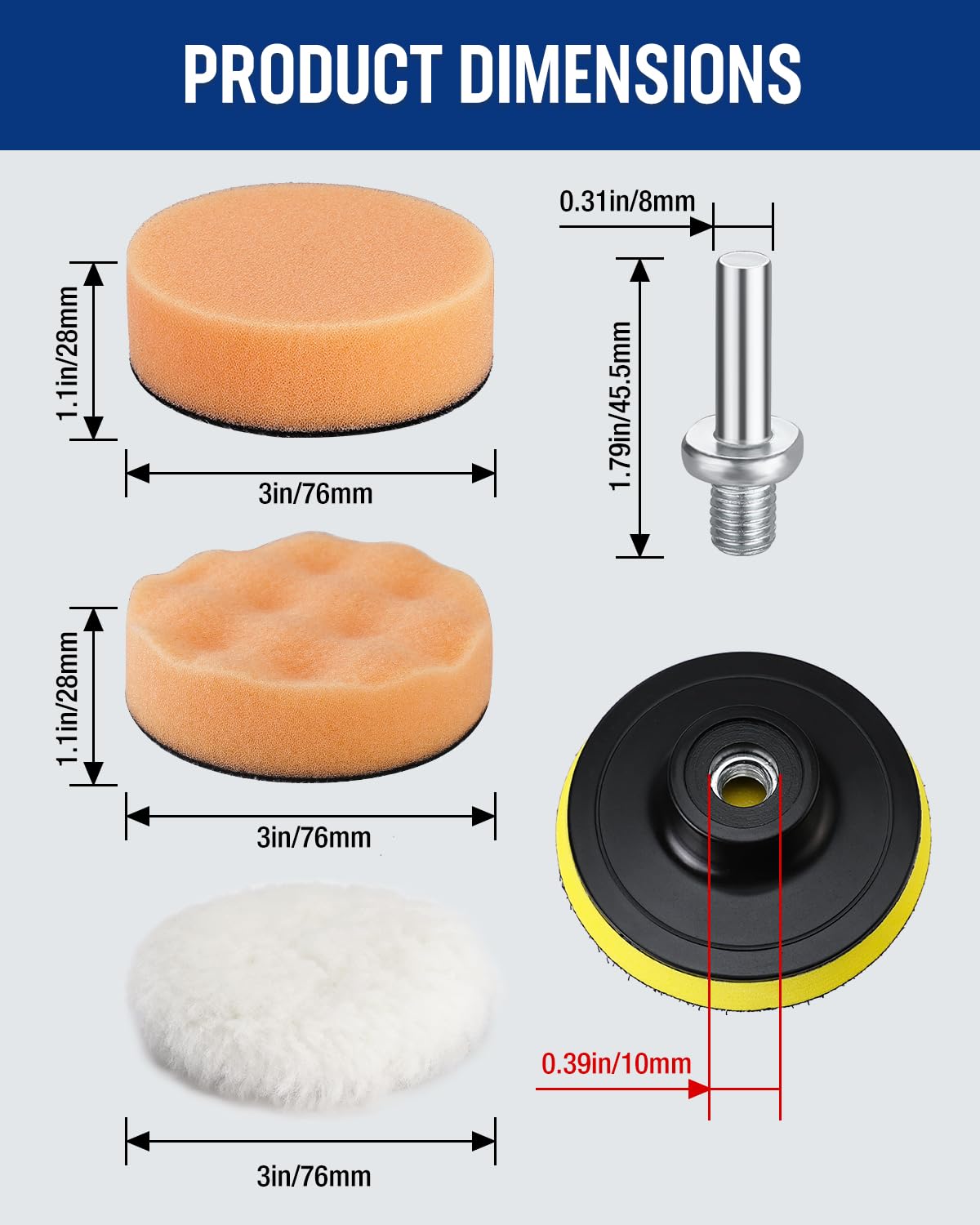Foam polishing pad set with drill adapter and suction base, size diagram